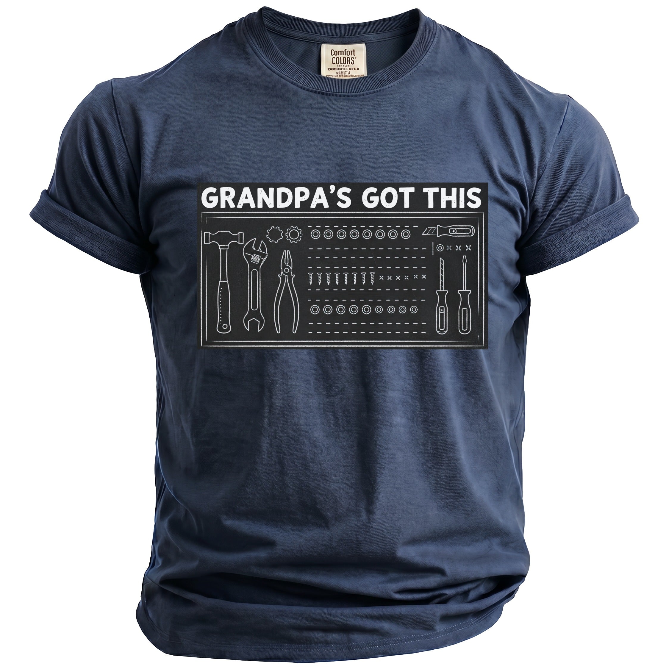 Navy t-shirt with white text "GRANDPA'S GOT THIS" and tool graphic.