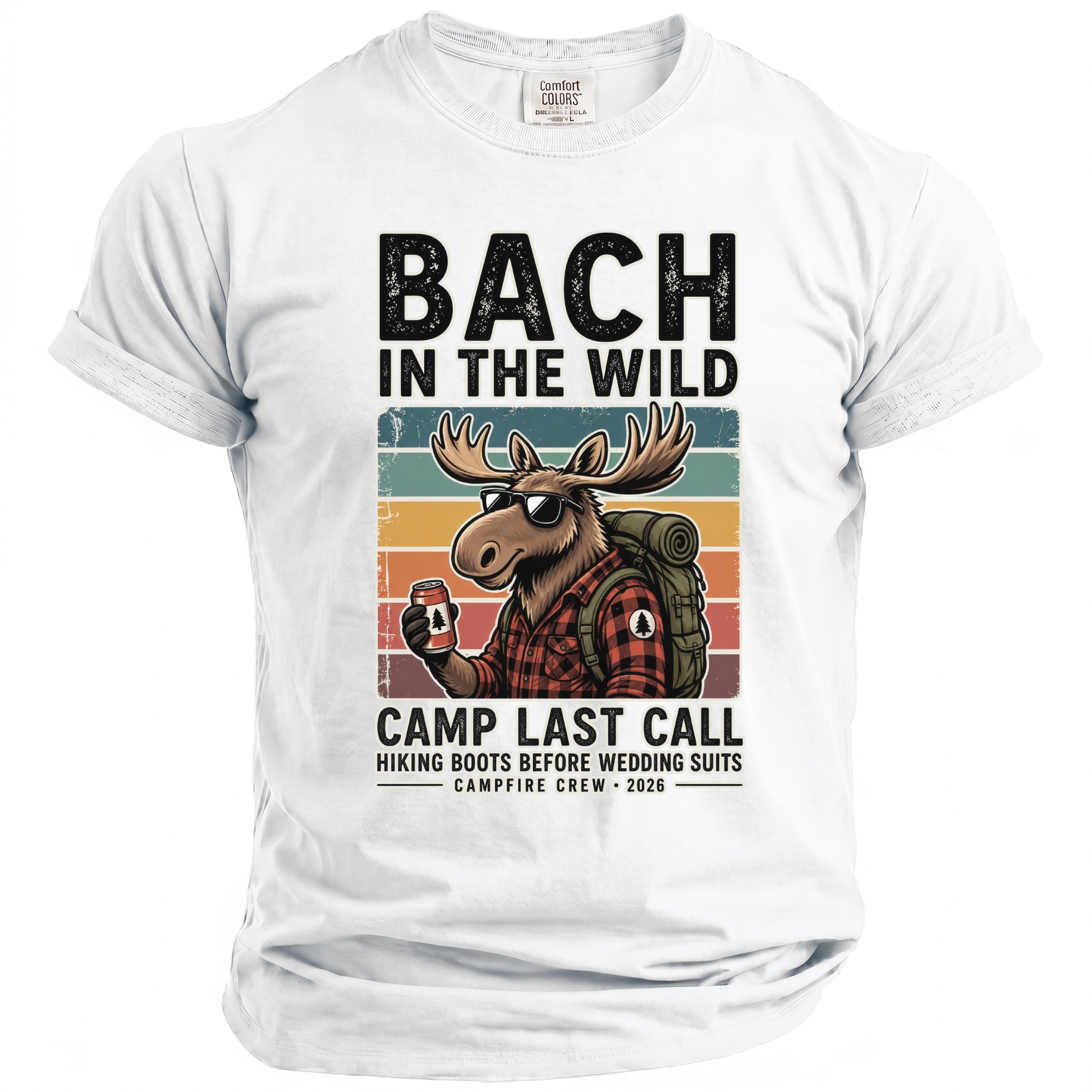White t-shirt with "Bach in the Wild" graphic featuring a moose and camping gear.