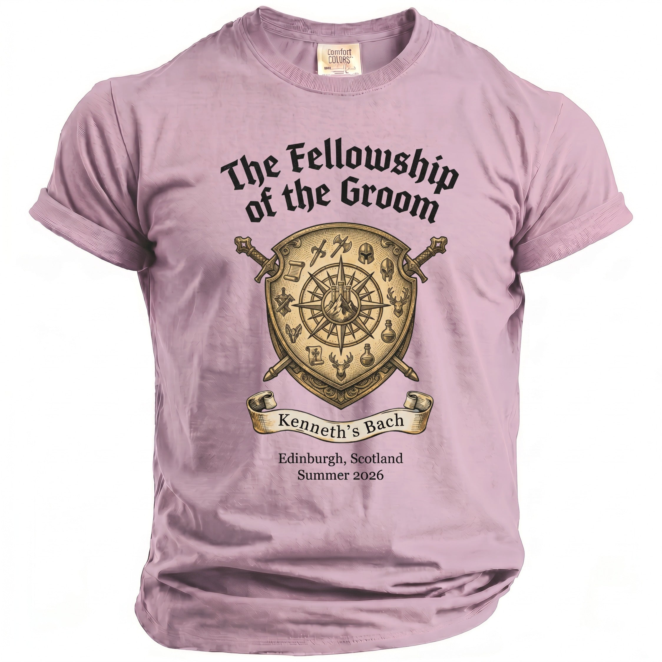 Fellowship of the Groom t-shirt with crest and text "Kenneth's Bach".