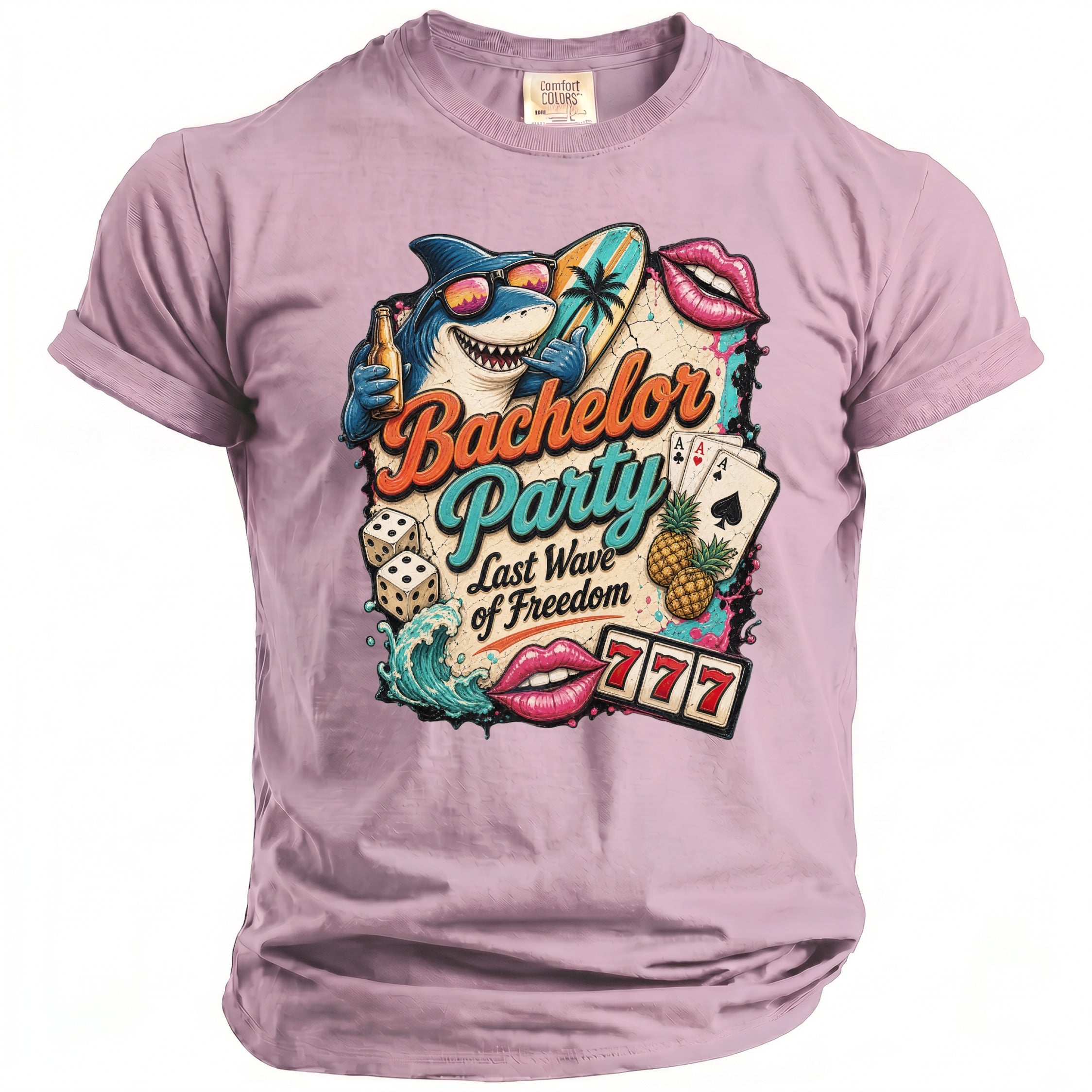 T-shirt with "Bachelor Party Last Wave of Freedom" text and shark surfing graphic.