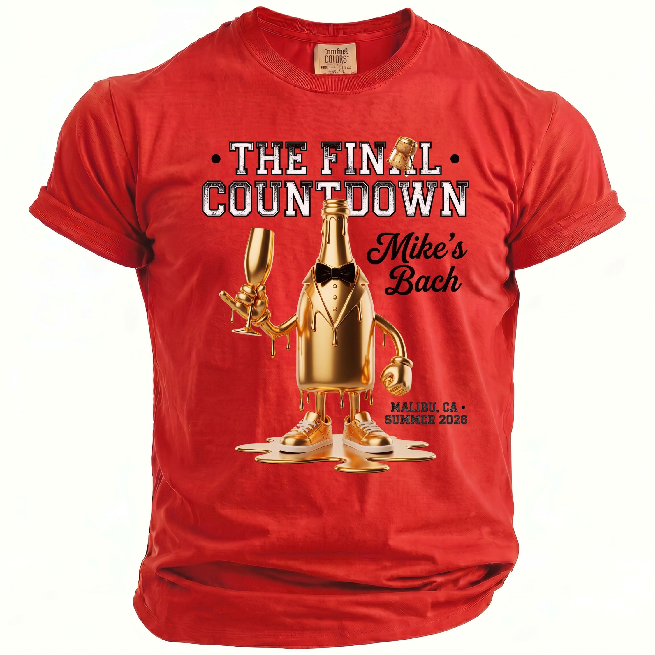 Red t-shirt with "The Final Countdown" and "Mike's Bach" art.