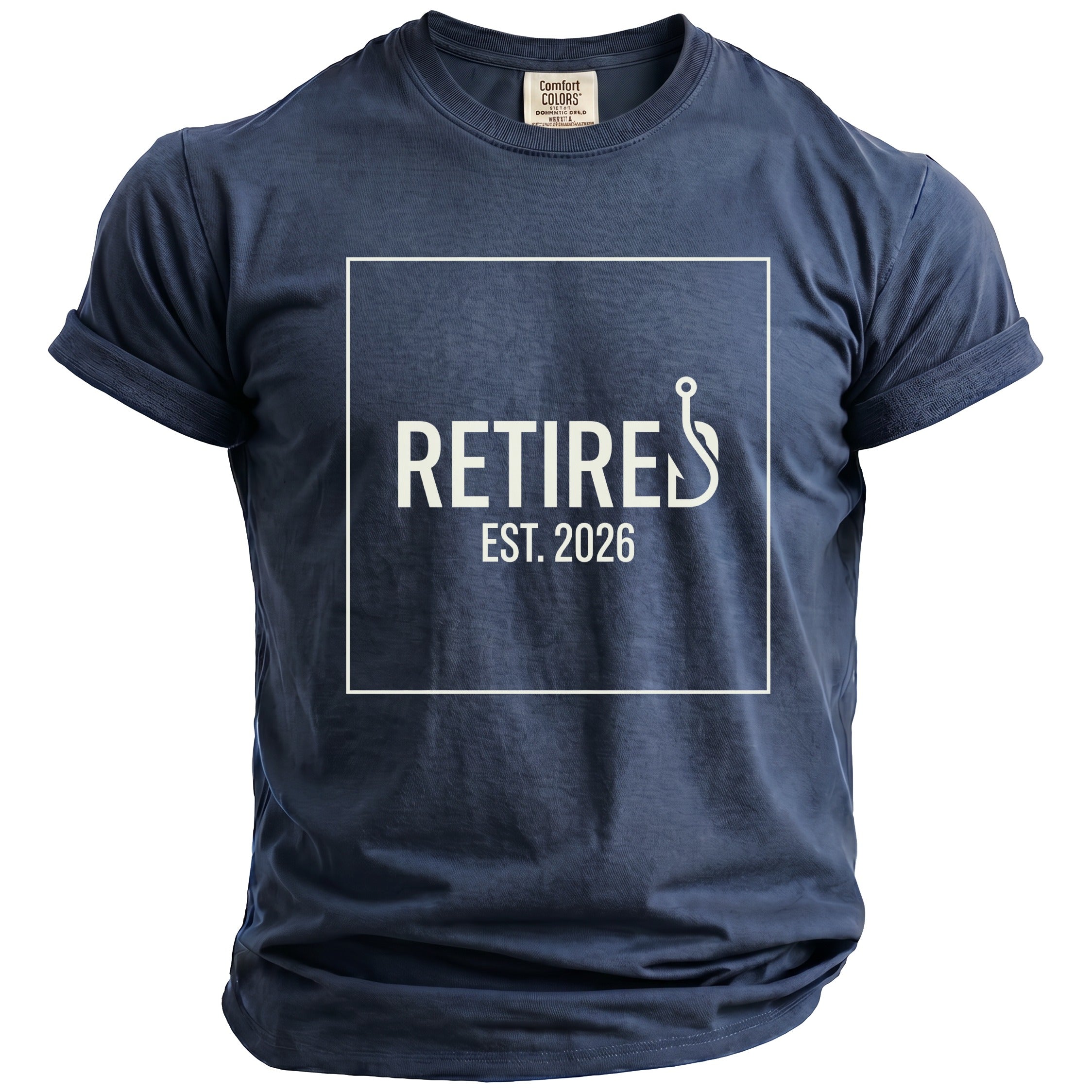 Navy t-shirt with "RETIRED EST. 2026" and fishing hook graphic.