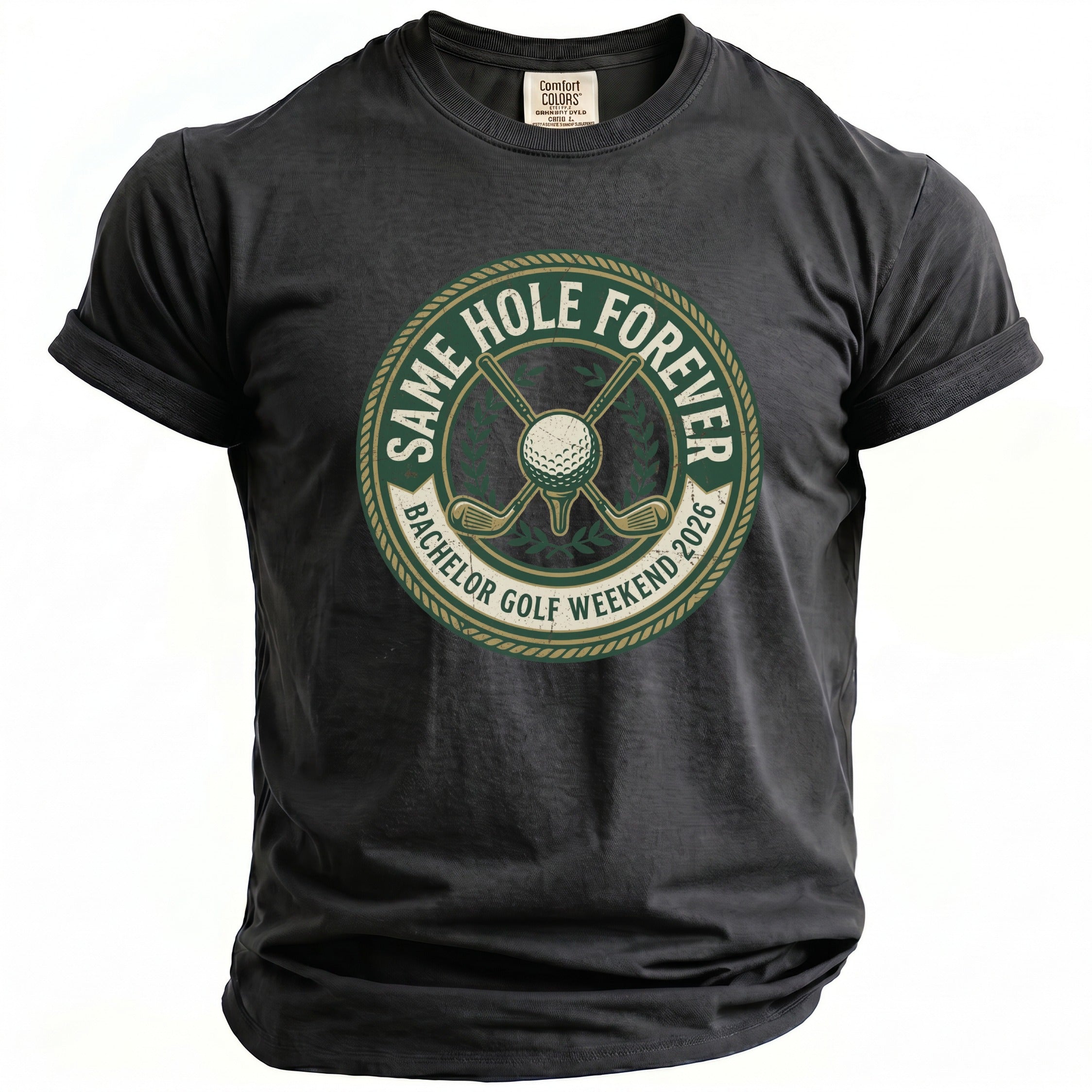 T-shirt with "Same Hole Forever Bachelor Golf Weekend 2026" graphic.
