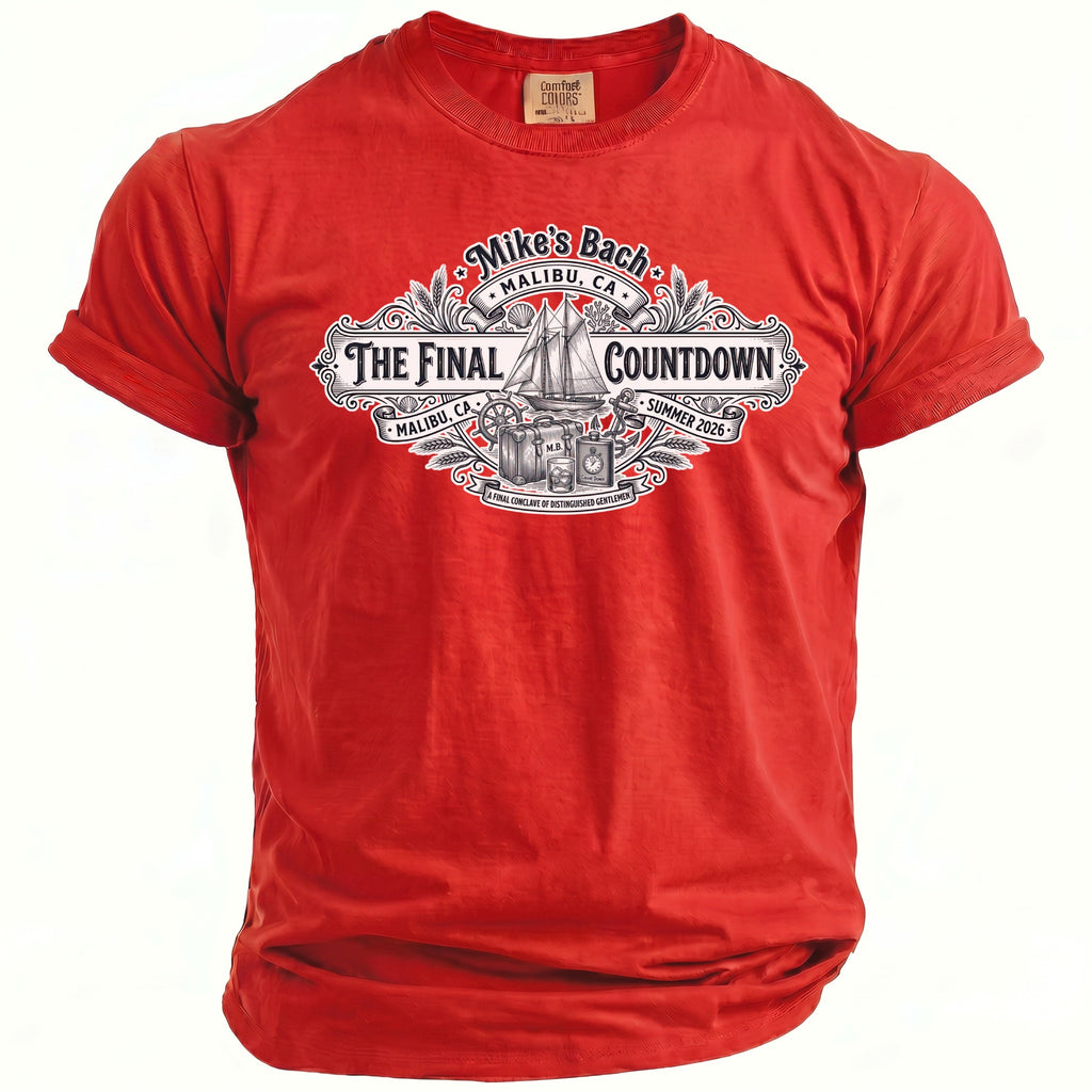 Red t-shirt with "Mike's Bach Malibu, CA The Final Countdown Summer 2026" graphic.