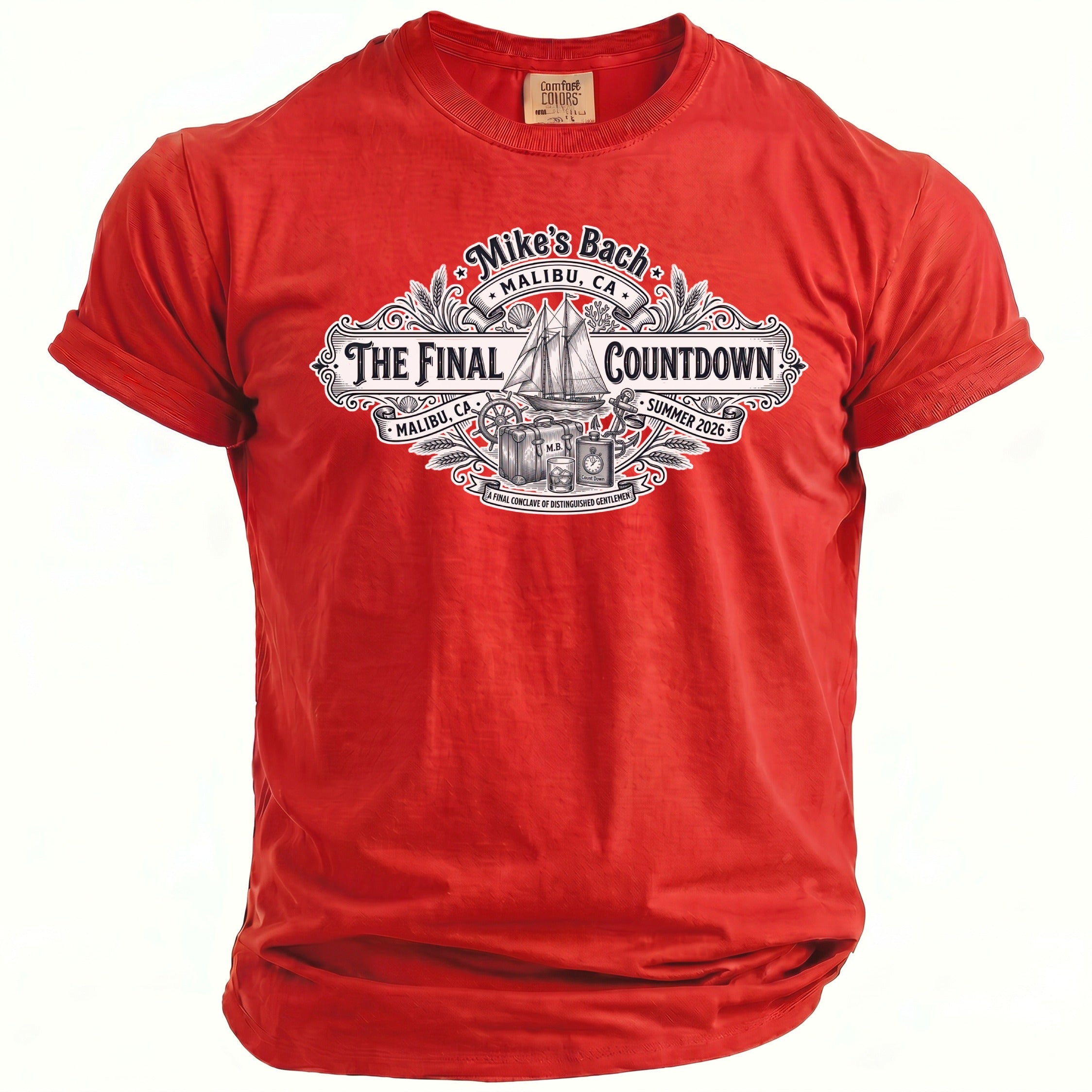 Red t-shirt with "Mike's Bach Malibu, CA The Final Countdown Summer 2026" graphic.