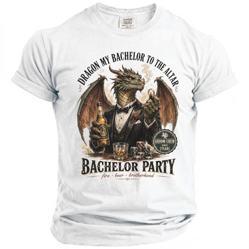 Dragon in tuxedo holding beer and poker chips with "Bachelor Party" text.