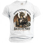 Dragon in tuxedo holding beer and poker chips with "Bachelor Party" text.
