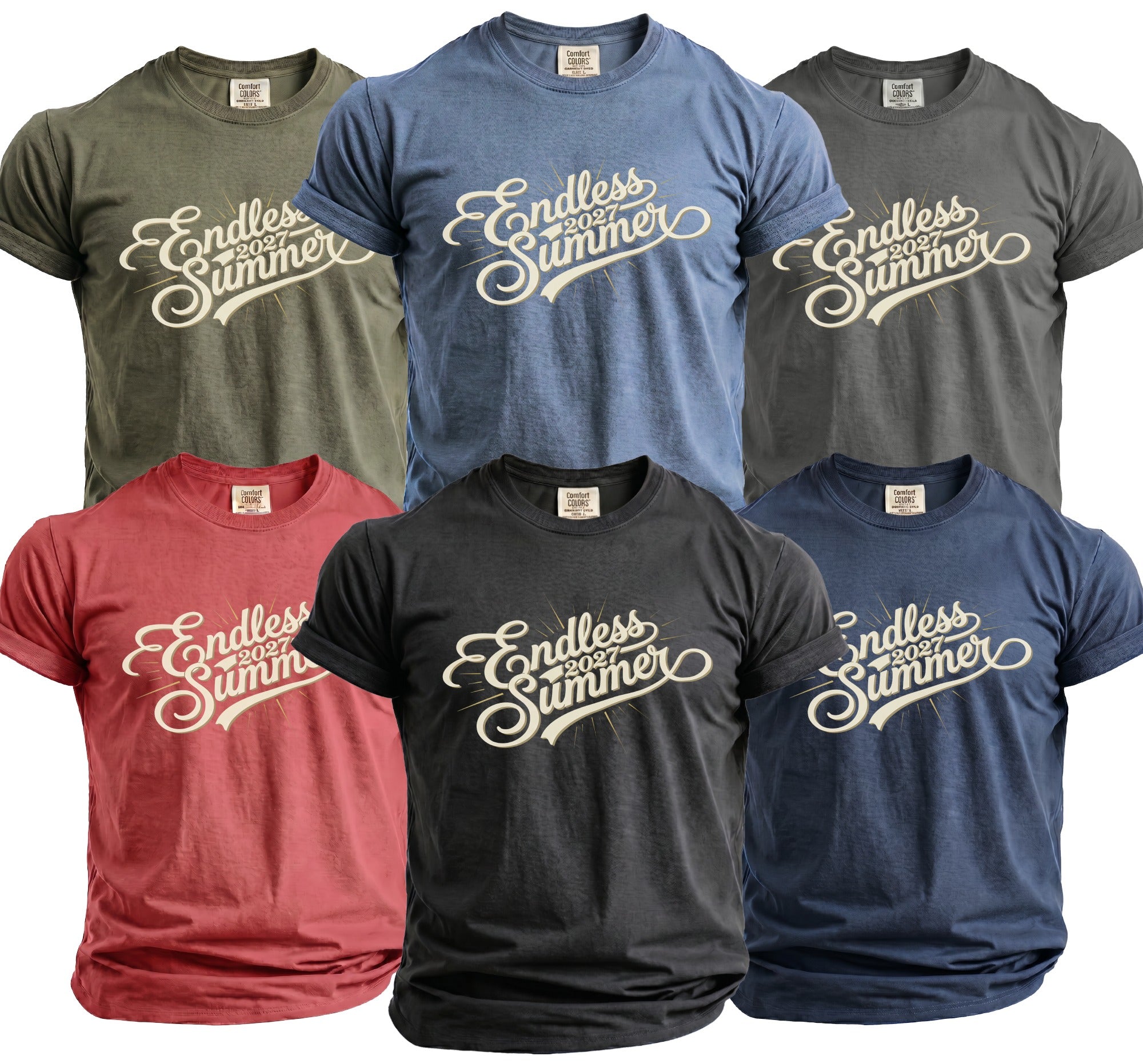 Six Comfort Colors t-shirts in various colors feature "Endless Summer 2027" graphic.