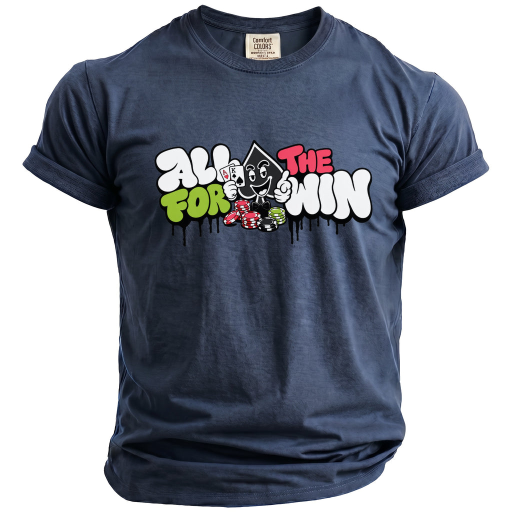Dark blue t-shirt with cartoon ace of spades and text "ALL FOR THE WIN."