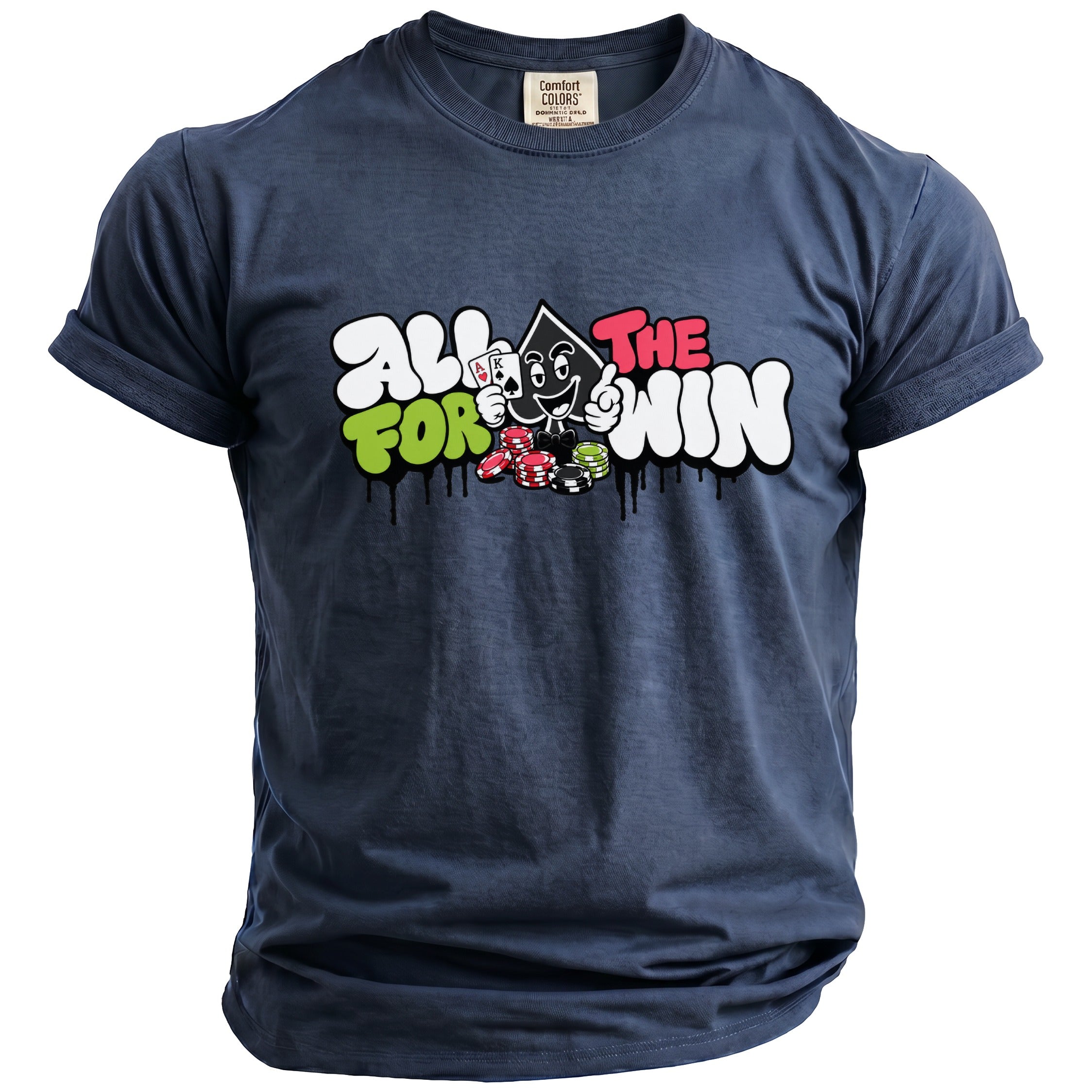Dark blue t-shirt with cartoon ace of spades and text "ALL FOR THE WIN."