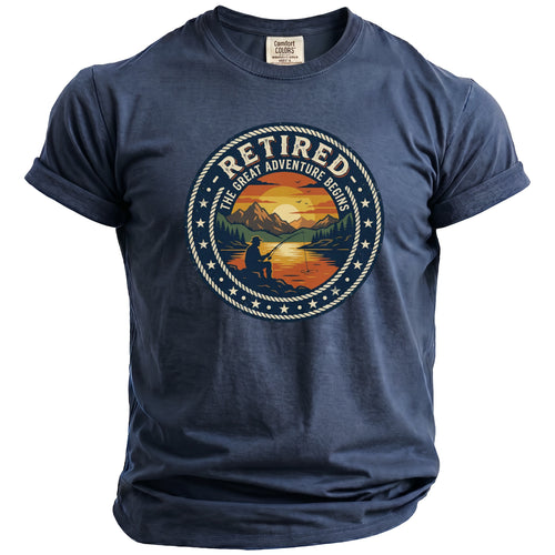 Dark blue t-shirt with "Retired The Great Adventure Begins" fishing graphic.