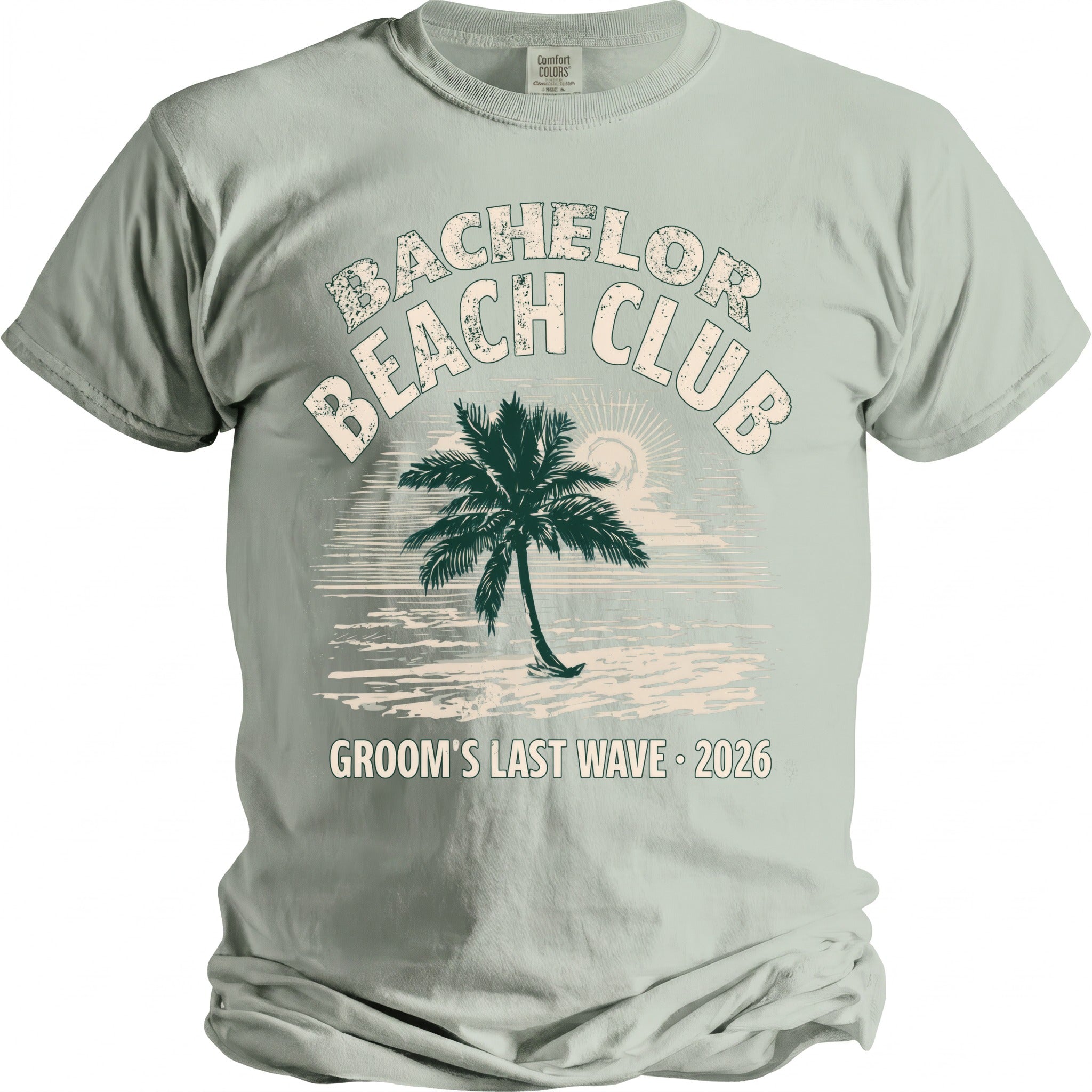 Bachelor Beach Club shirt with palm tree and "Groom's Last Wave 2026" text.