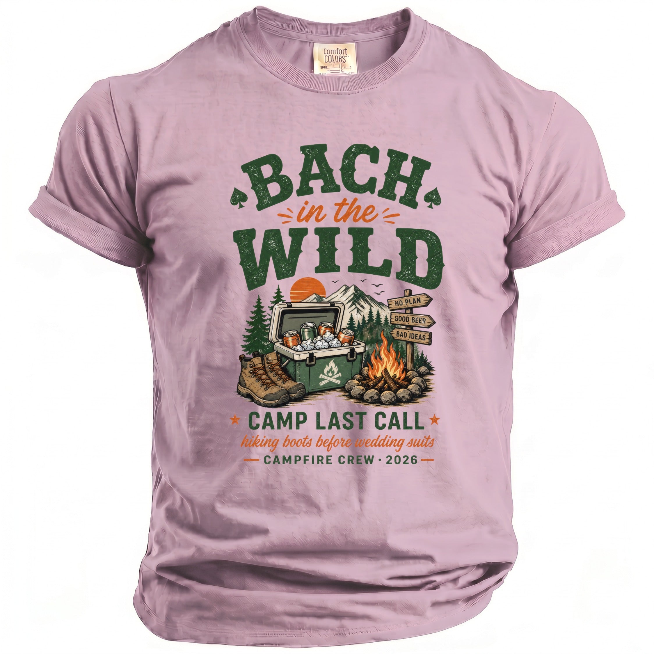 Pink t-shirt with "Bach in the Wild" graphic featuring camping and "Camp Last Call" text.