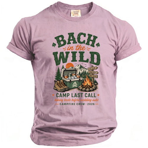 Pink t-shirt with "Bach in the Wild" graphic featuring camping and "Camp Last Call" text.