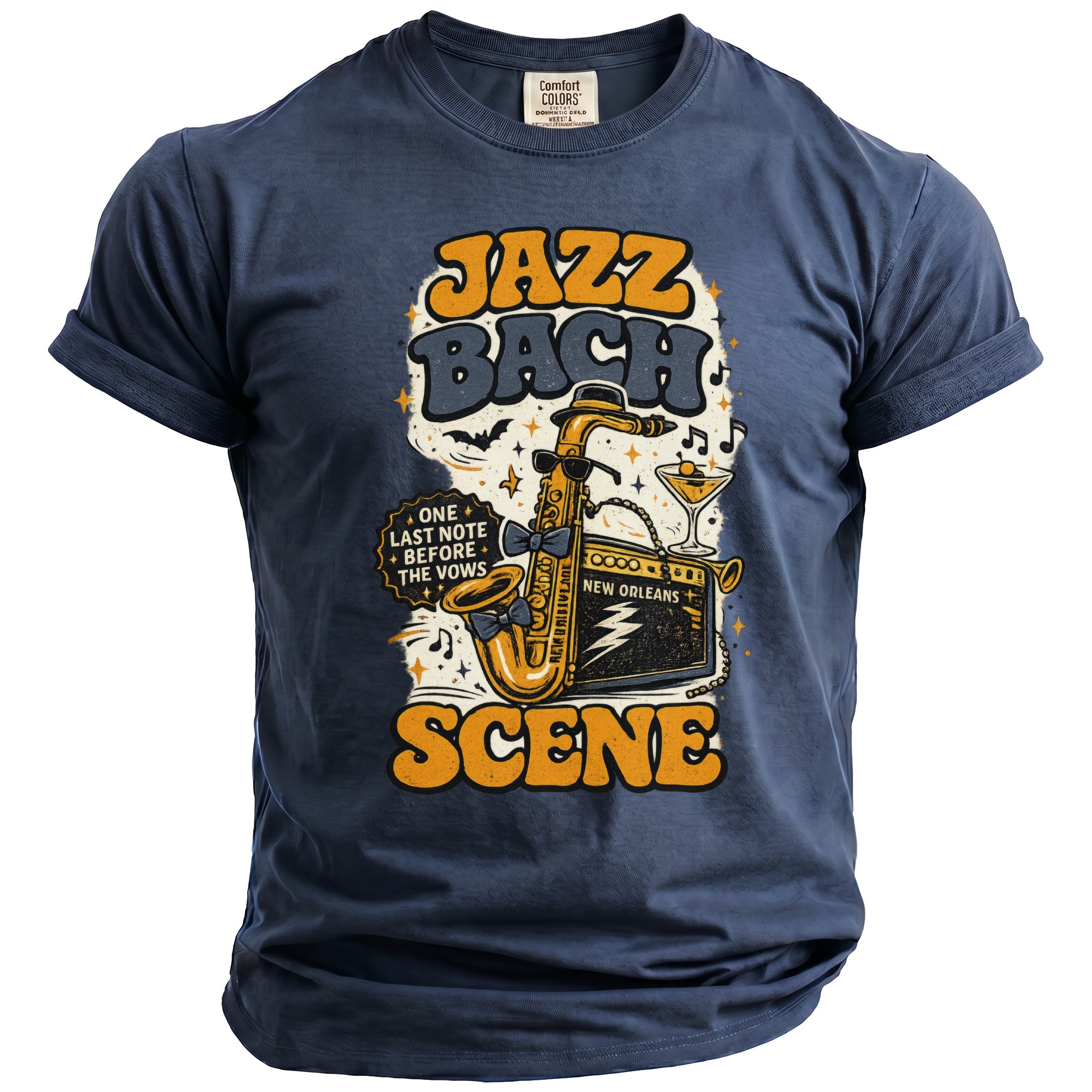 T-shirt with "JAZZ BACH SCENE NEW ORLEANS" text and saxophone graphic.