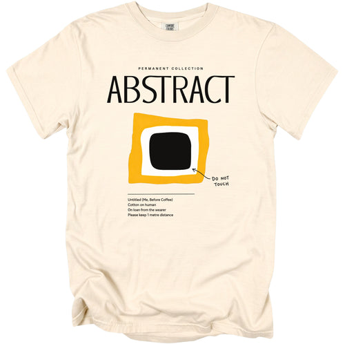 Cream t-shirt with "ABSTRACT" text and graphic with "DO NOT TOUCH" note.