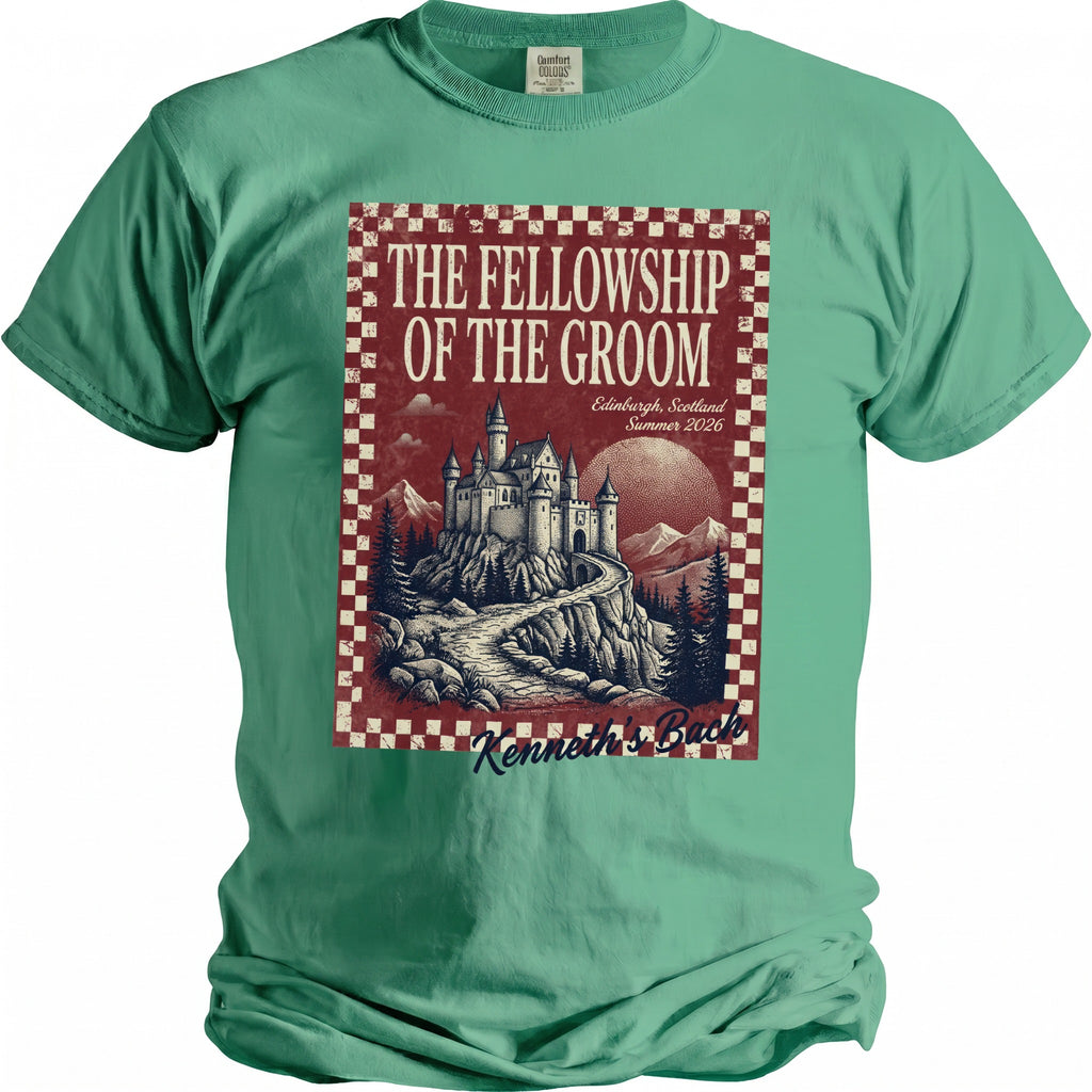 T-shirt with "The Fellowship of the Groom" graphics featuring a castle and "Kenneth's Bach".