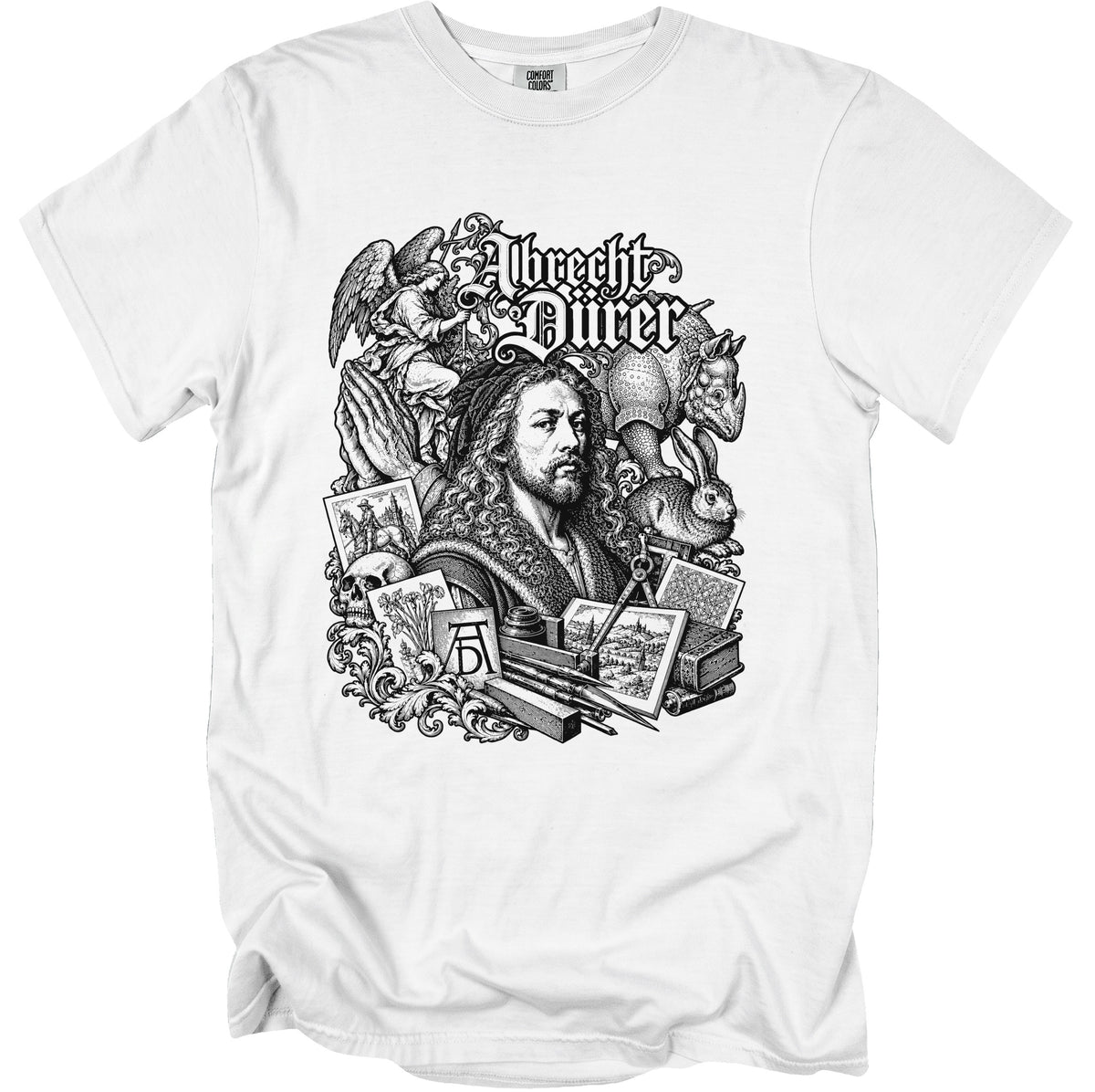 Albrecht Dürer illustration with portrait, skull, angel, rhino, rabbit, and tools.
