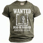 Olive green t-shirt with "WANTED DEAD OR MARRIED" and groom's photo.