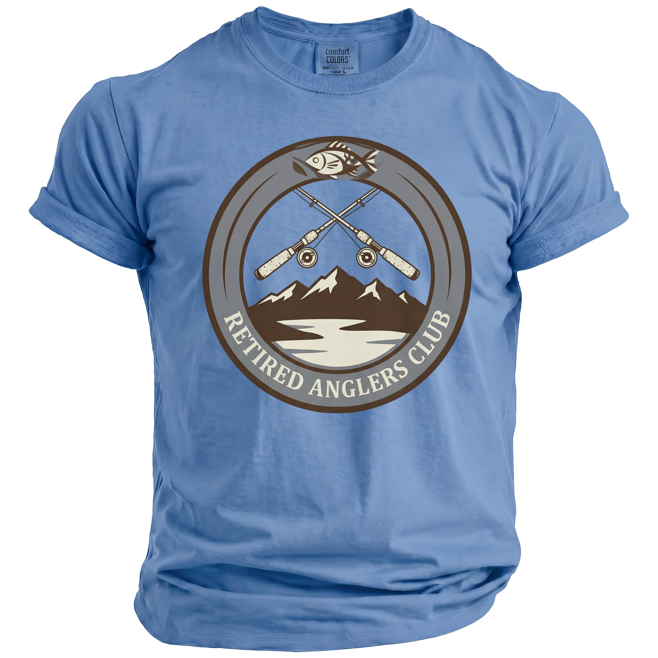 Blue t-shirt with "Retired Anglers Club" circular graphic of fishing rods and mountains.