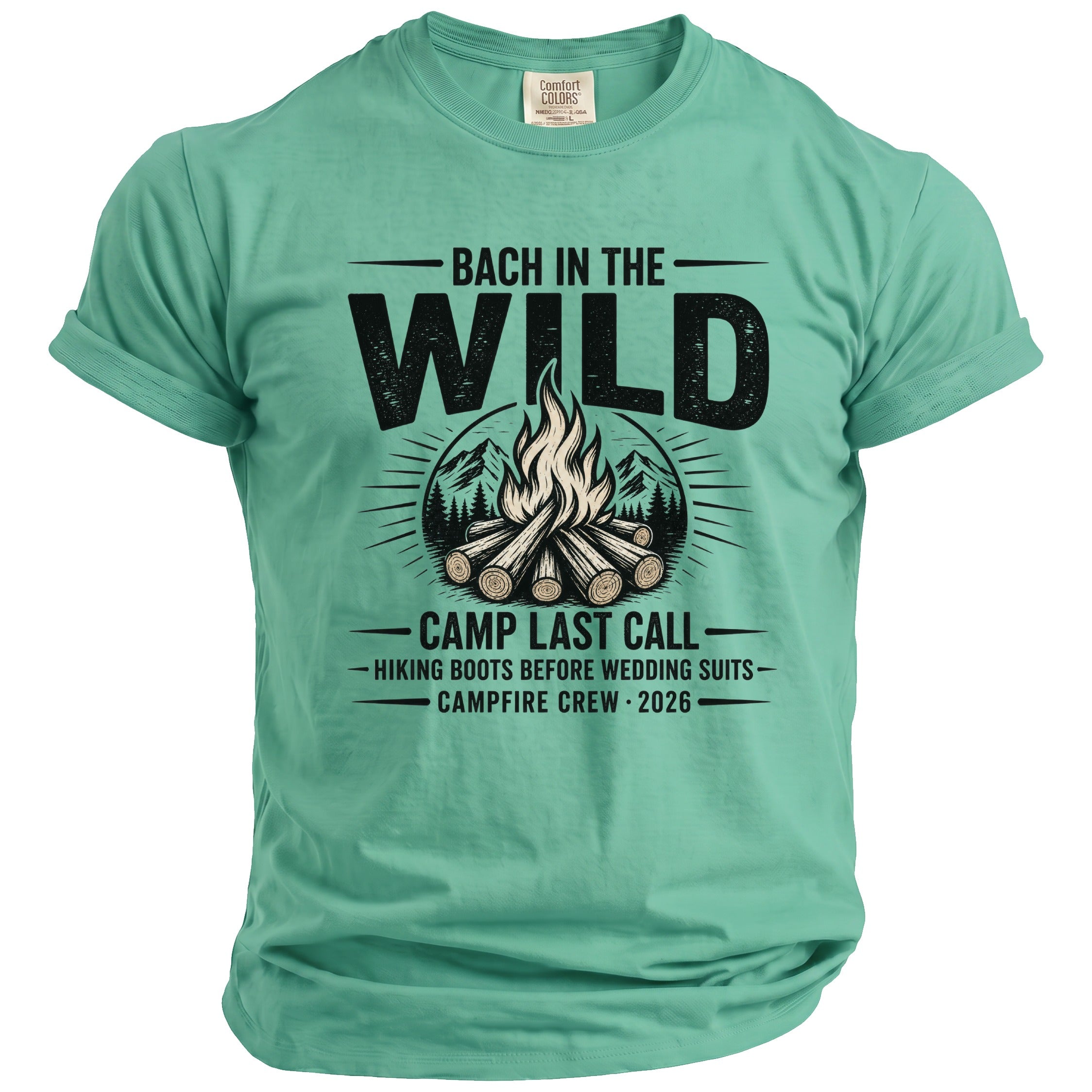 Teal t-shirt with "Bach in the Wild" and campfire graphic.