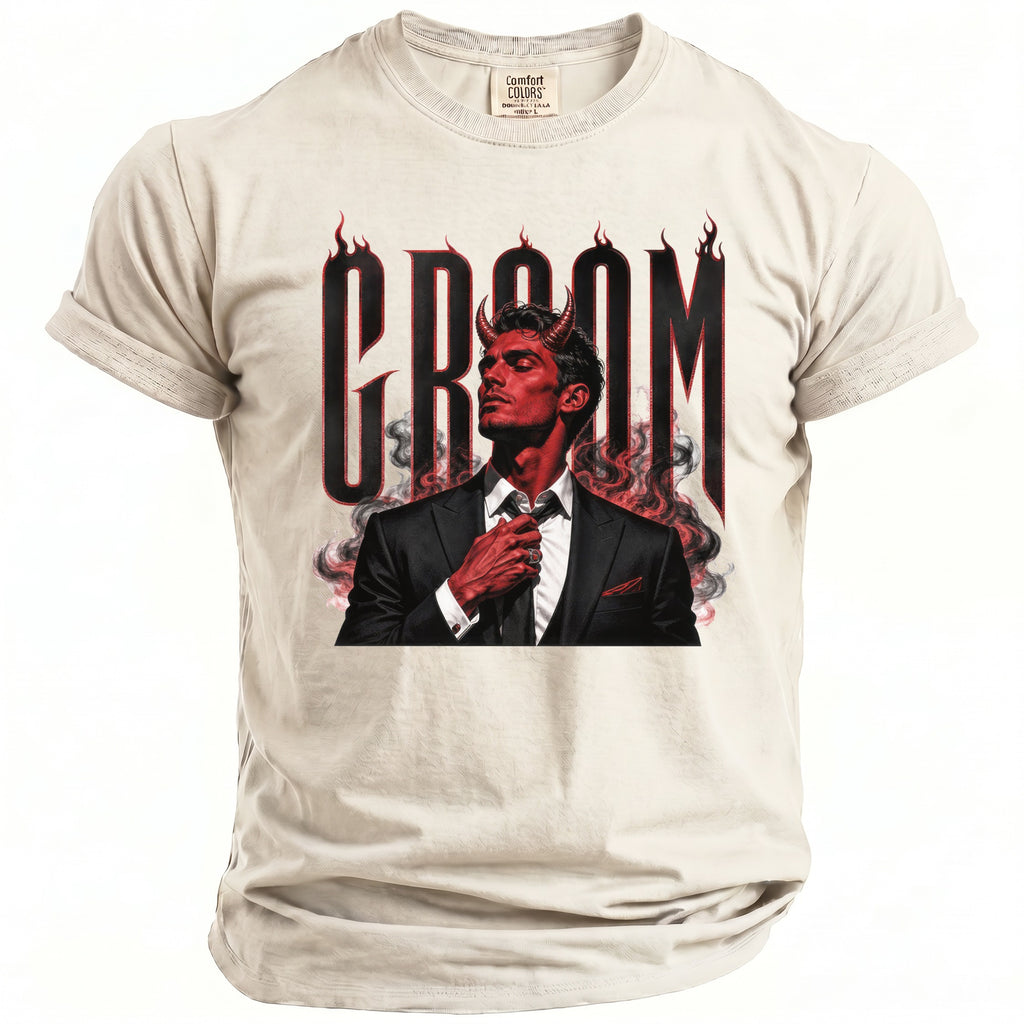 T-shirt with "CROOM" text and a devilish man in a suit with horns and flames.