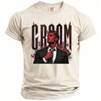 T-shirt with "CROOM" text and a devilish man in a suit with horns and flames.