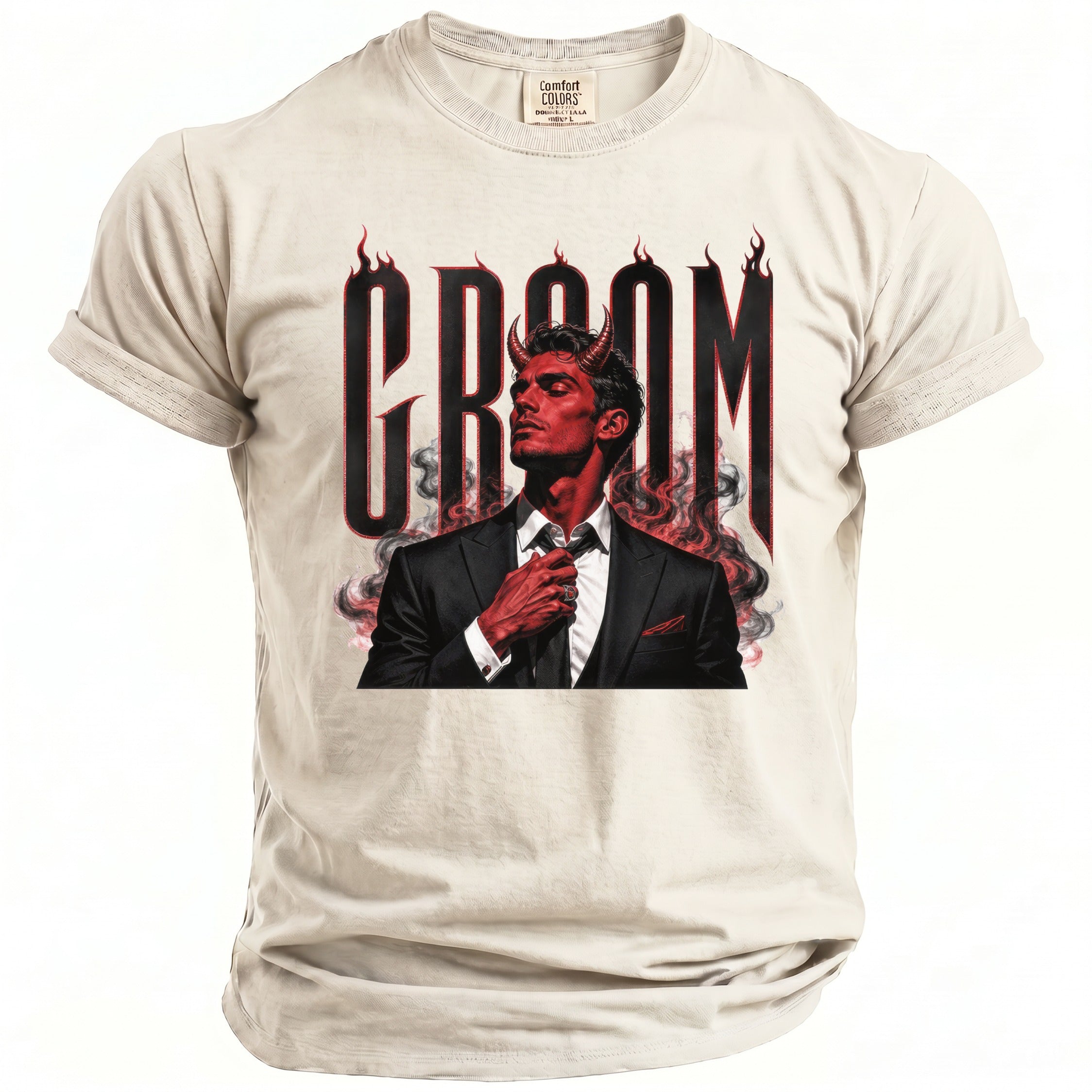 T-shirt with "CROOM" text and a devilish man in a suit with horns and flames.