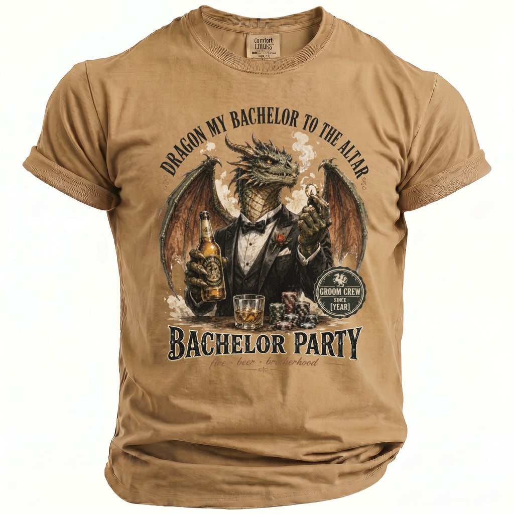 Tan t-shirt with dragon in a tuxedo holding beer and casino chips.