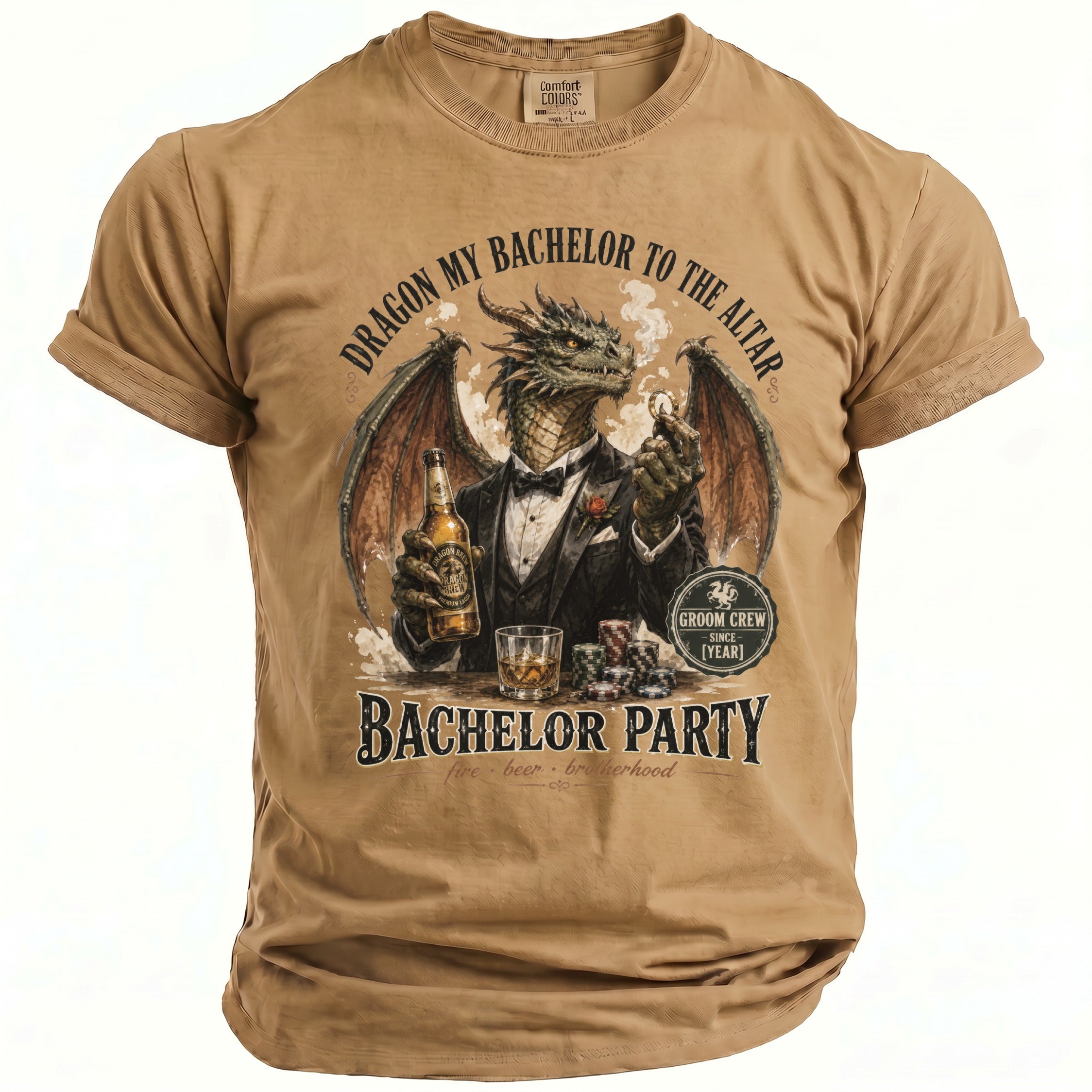Tan t-shirt with dragon in a tuxedo holding beer and casino chips.