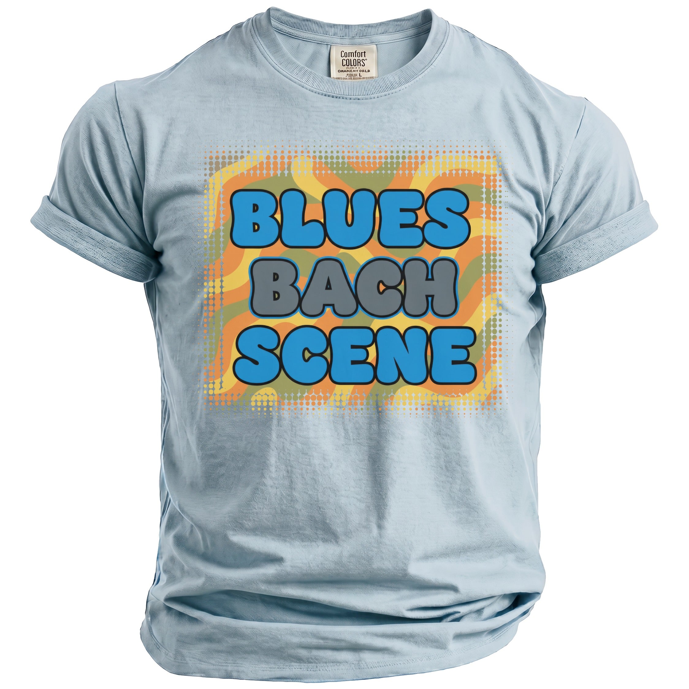 Light blue t-shirt with "BLUES BACH SCENE" in retro bubble font.