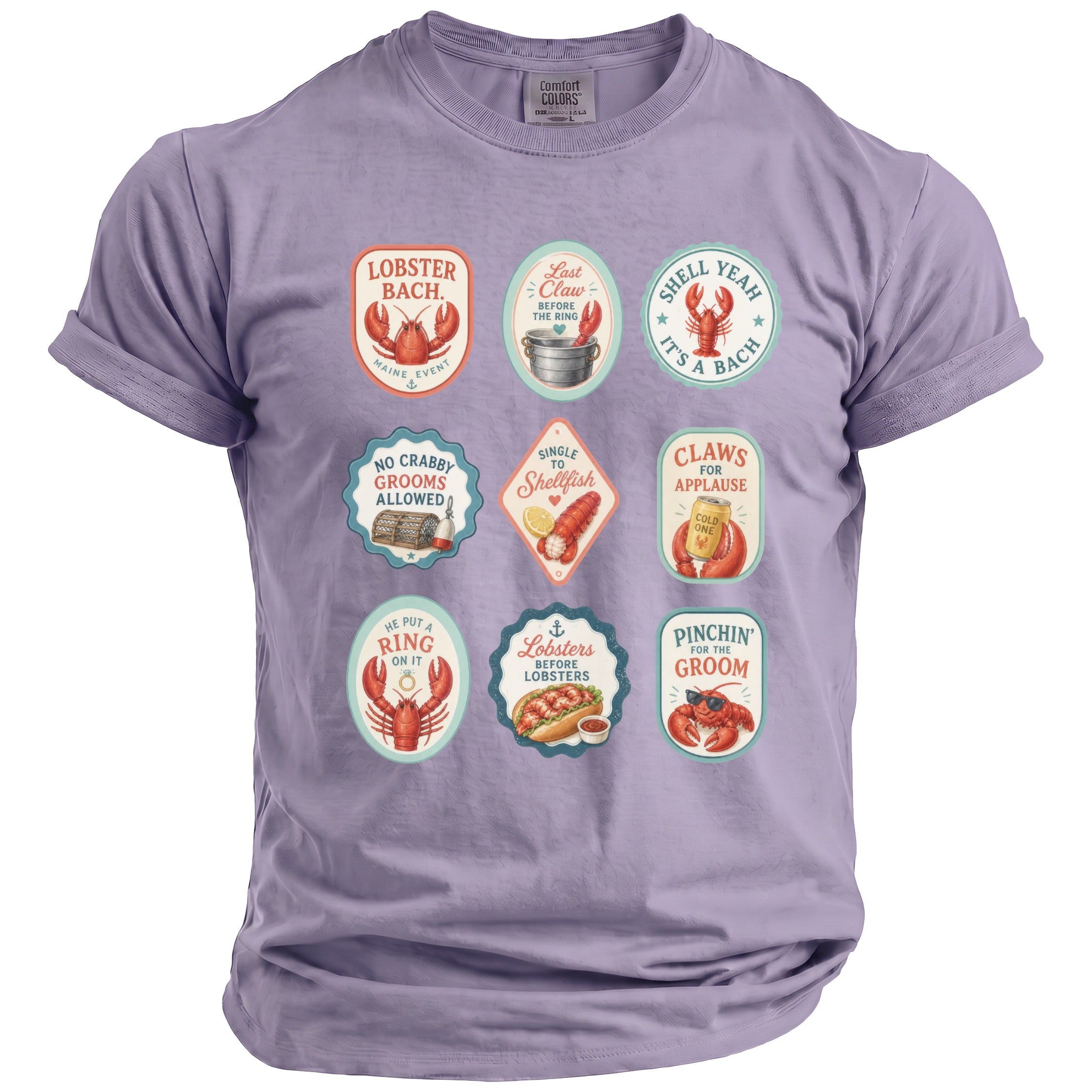 Purple t-shirt with nine oval graphics featuring lobsters and humorous text.