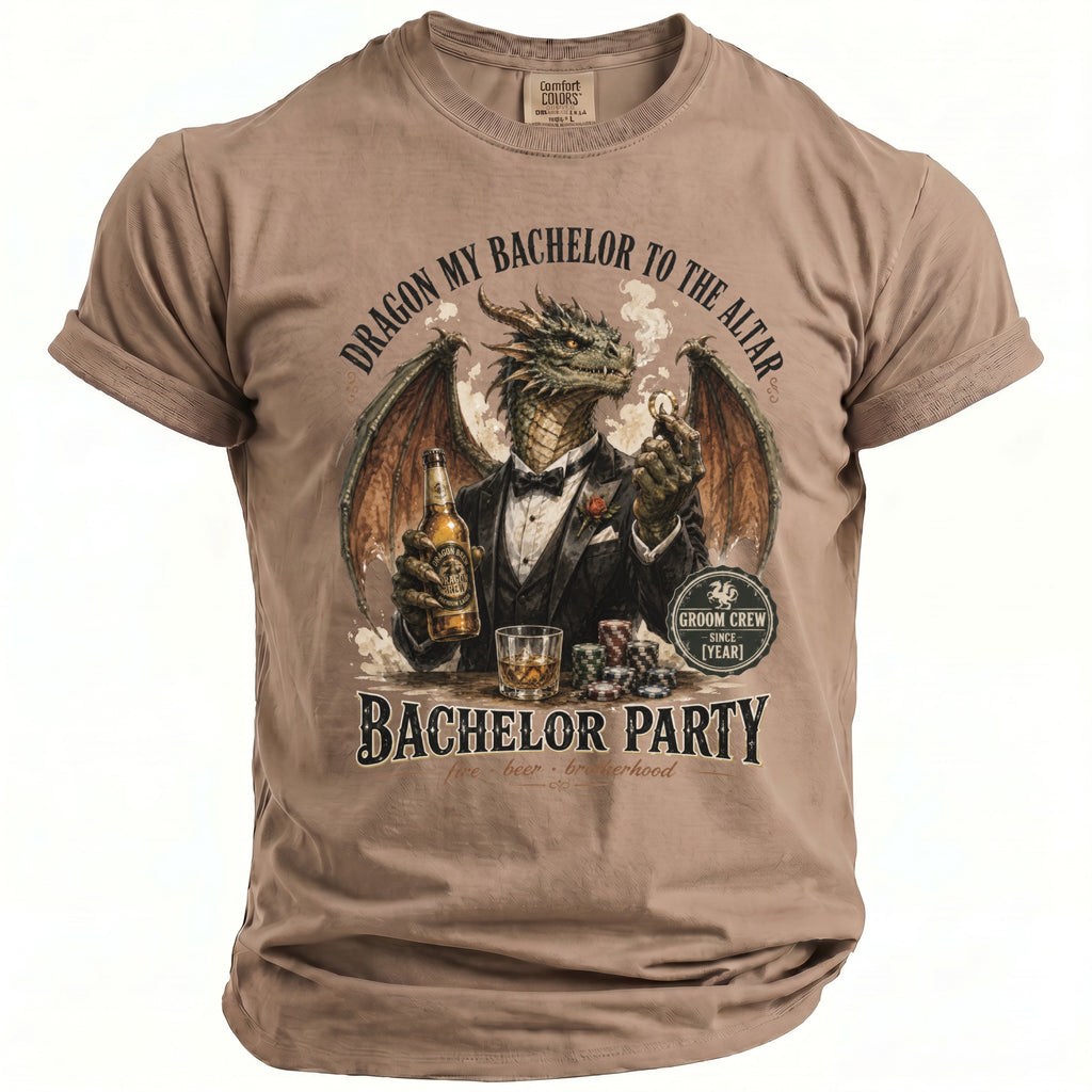 T-shirt with dragon in suit holding beer and ring, "Bachelor Party" text.