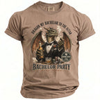 T-shirt with dragon in suit holding beer and ring, "Bachelor Party" text.