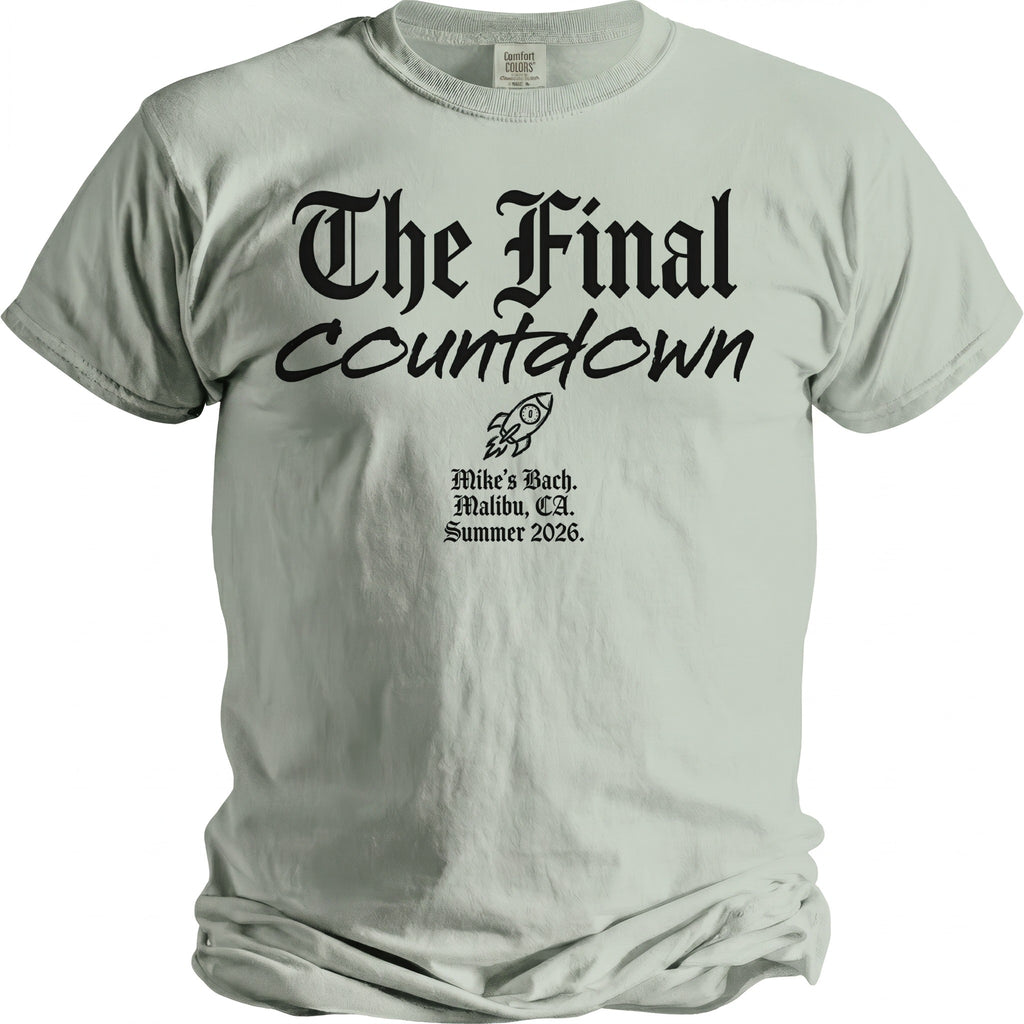 Pale green t-shirt with "The Final Countdown" and rocket graphic.