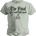 Pale green t-shirt with "The Final Countdown" and rocket graphic.