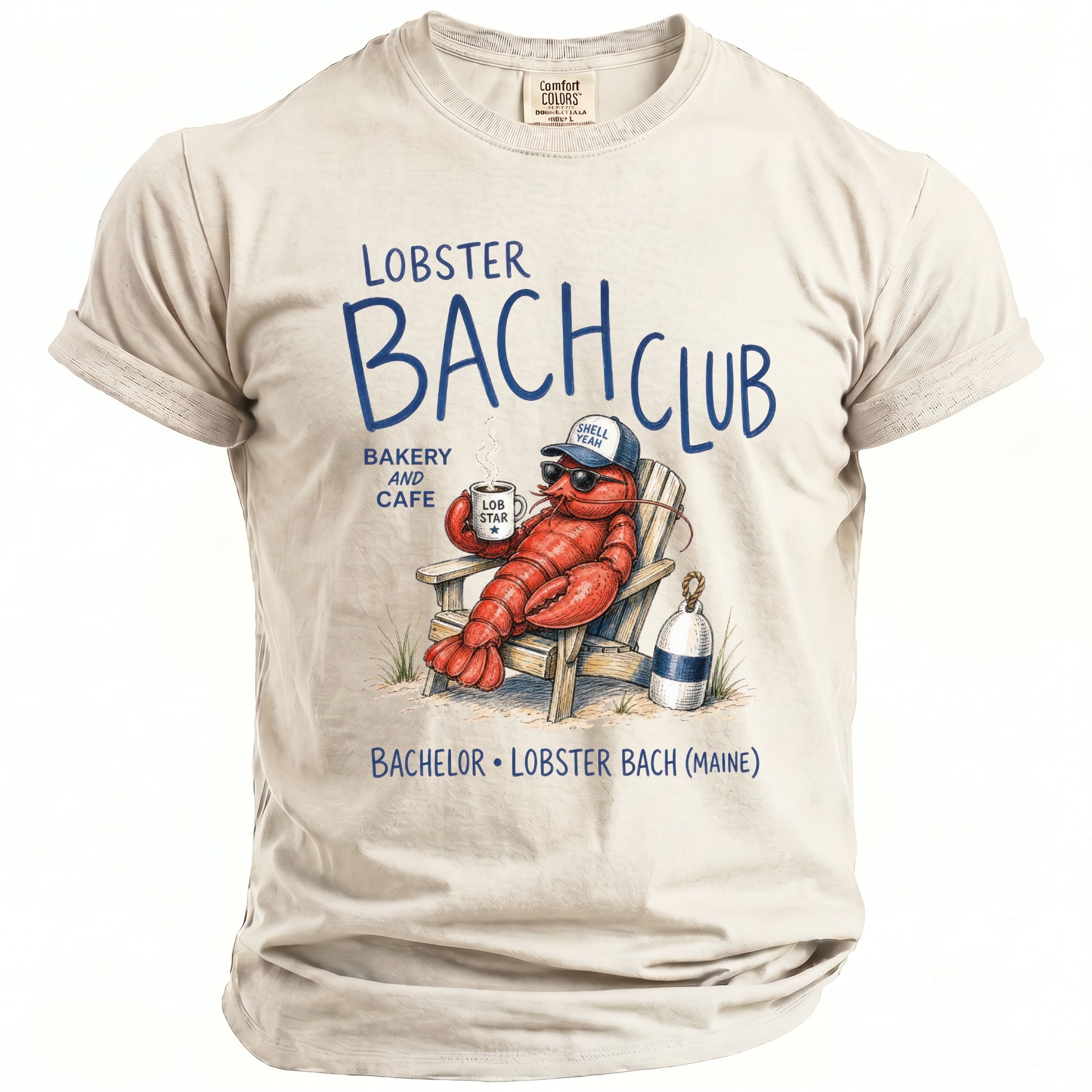 T-shirt with lobster in beach chair, "Lobster Bach Club" text, and "Bachelor Lobster Bach (Maine)".