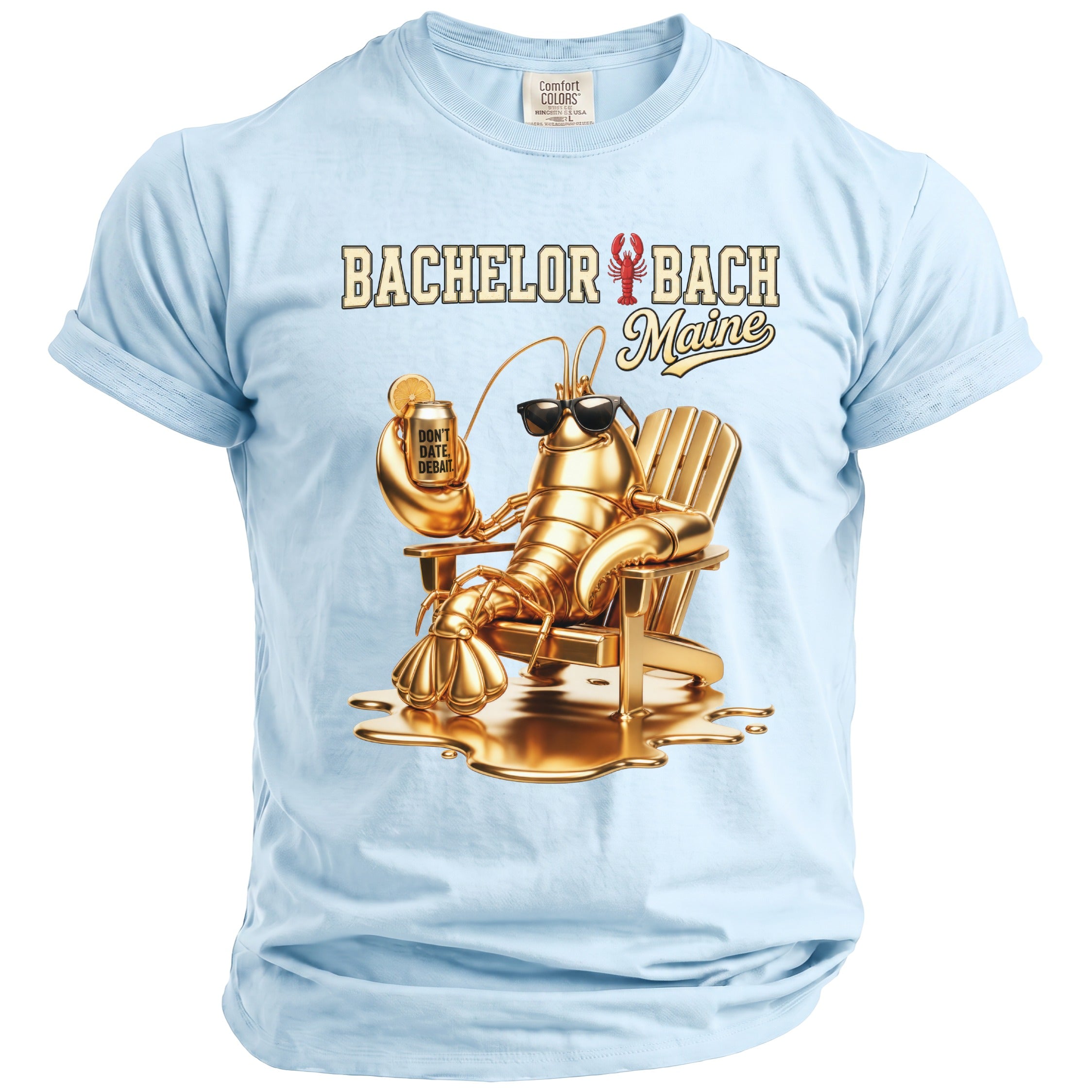 Light blue shirt with gold lobster holding drink, "Bachelor Bach Maine" text.
