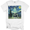 Cow wearing sunglasses abducted by a UFO under a starry night sky.