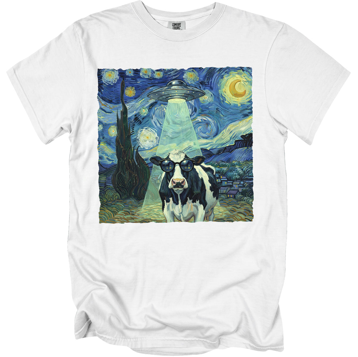 Cow wearing sunglasses abducted by a UFO under a starry night sky.