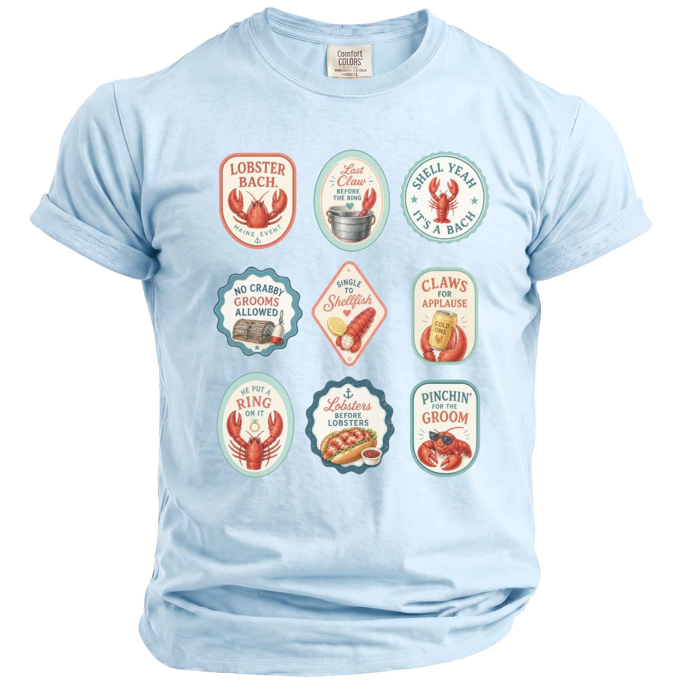Light blue t-shirt with nine oval and circular graphics featuring lobsters and humorous text.