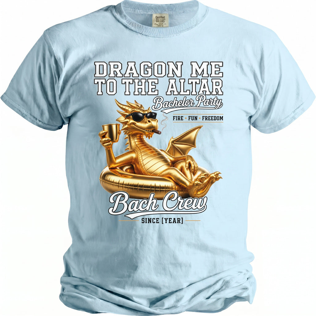 Light blue t-shirt with "Dragon Me to the Altar" and "Bach Crew" graphics.