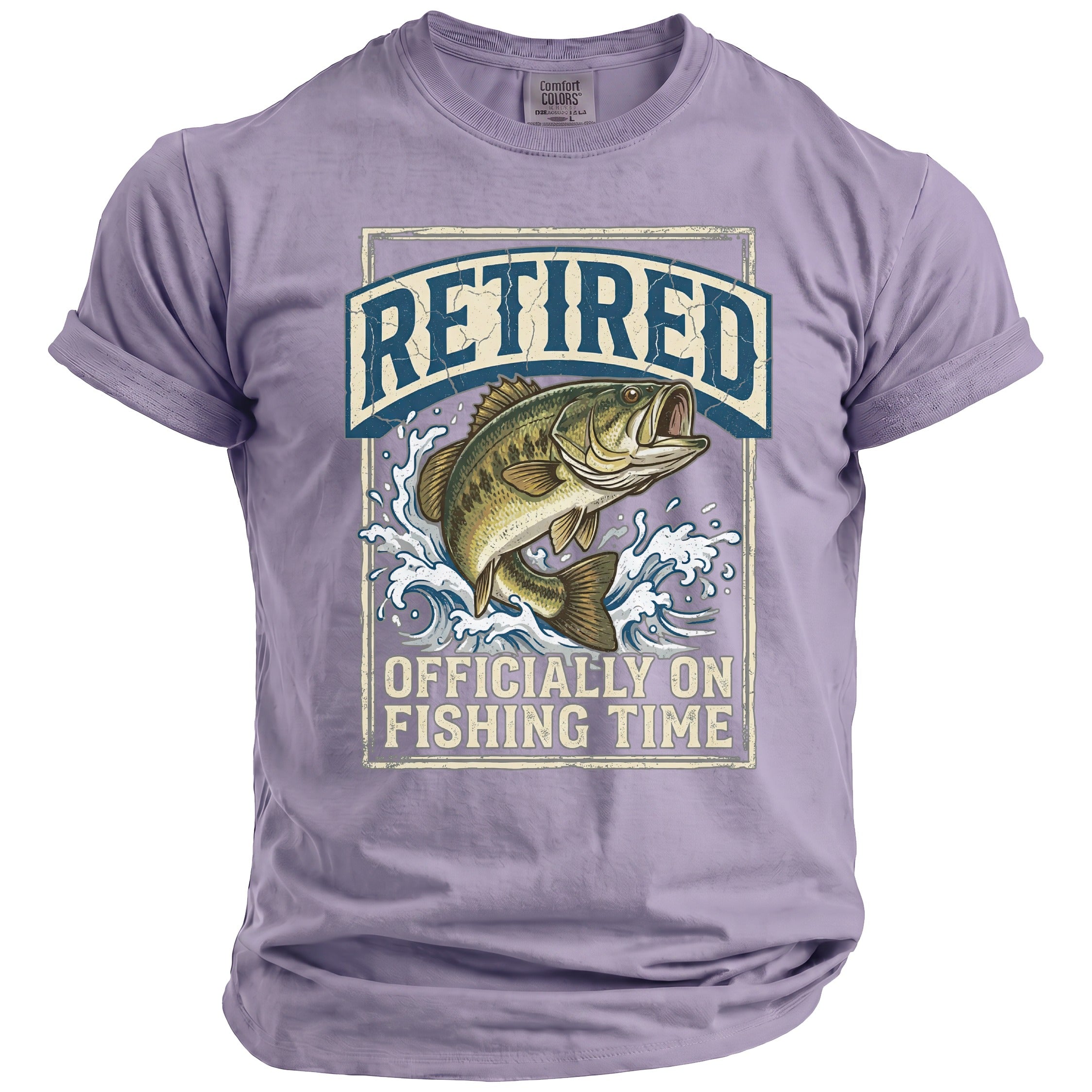 T-shirt with graphic of a leaping bass and text "RETIRED OFFICIALLY ON FISHING TIME".