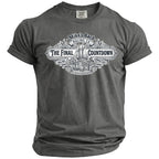 Dark gray t-shirt with "Mike's Bach The Final Countdown Malibu CA Summer 2026" graphic.