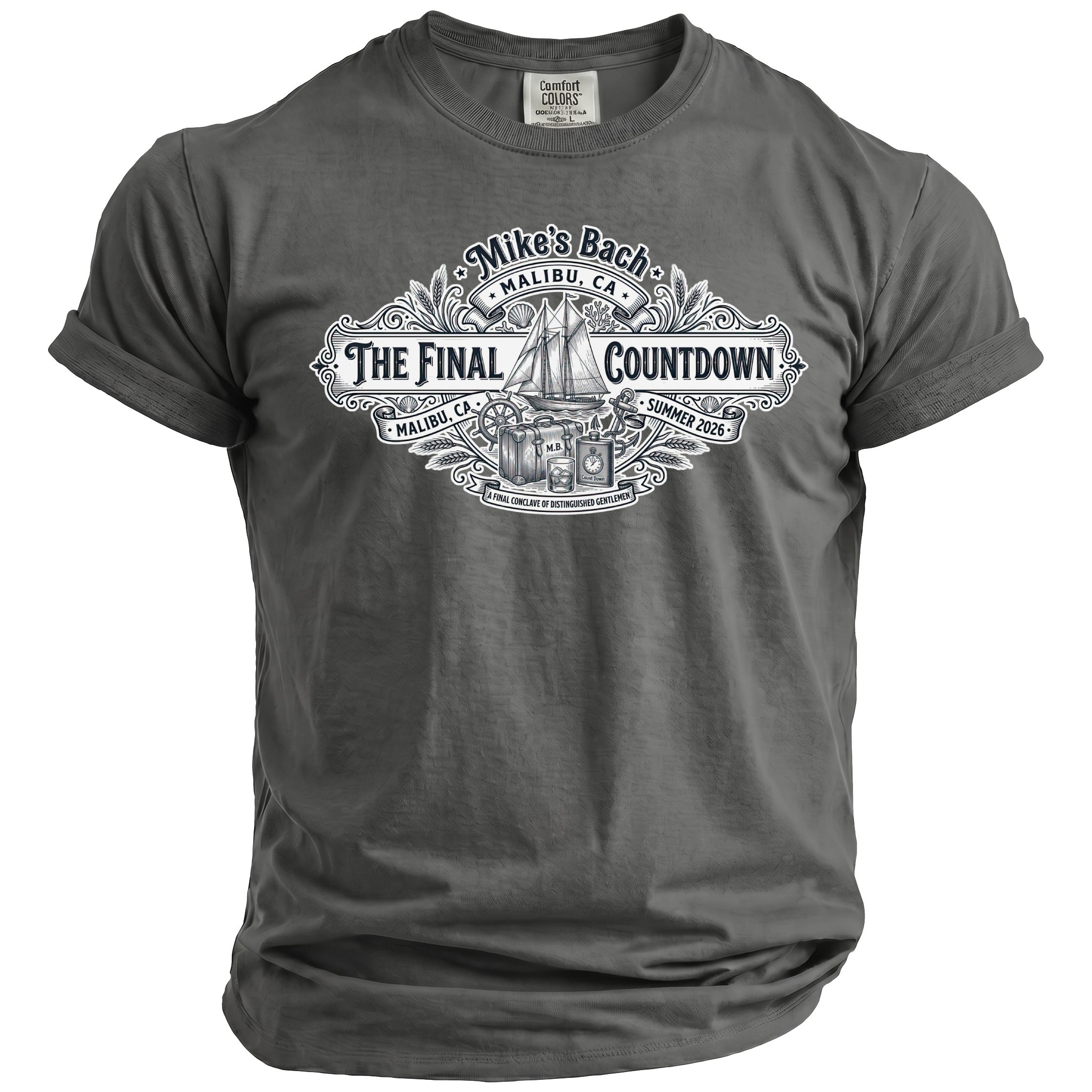 Dark gray t-shirt with "Mike's Bach The Final Countdown Malibu CA Summer 2026" graphic.