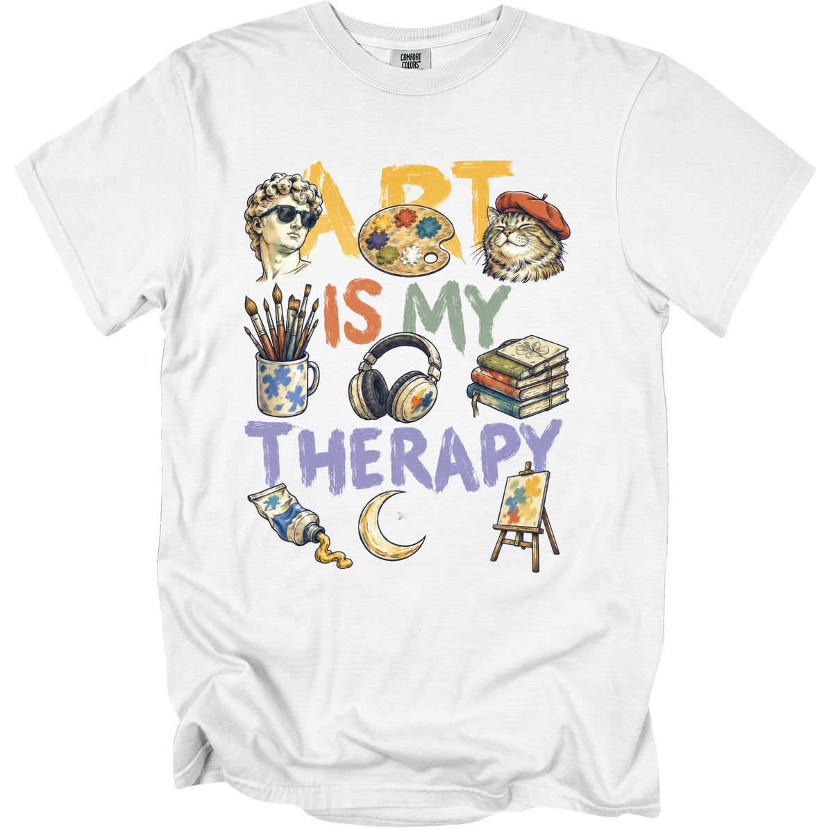 White t-shirt with "ART IS MY THERAPY" text and art-themed illustrations.