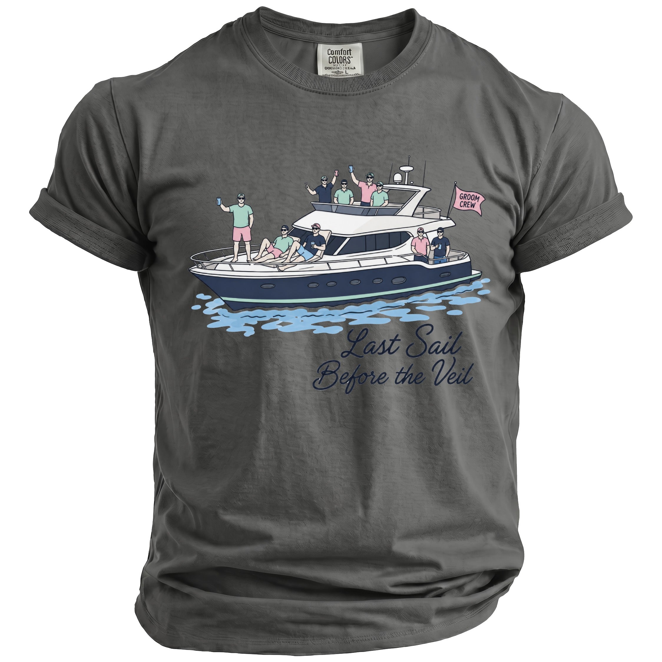 Gray t-shirt with "Last Sail Before the Veil" and a boat with groom's crew.