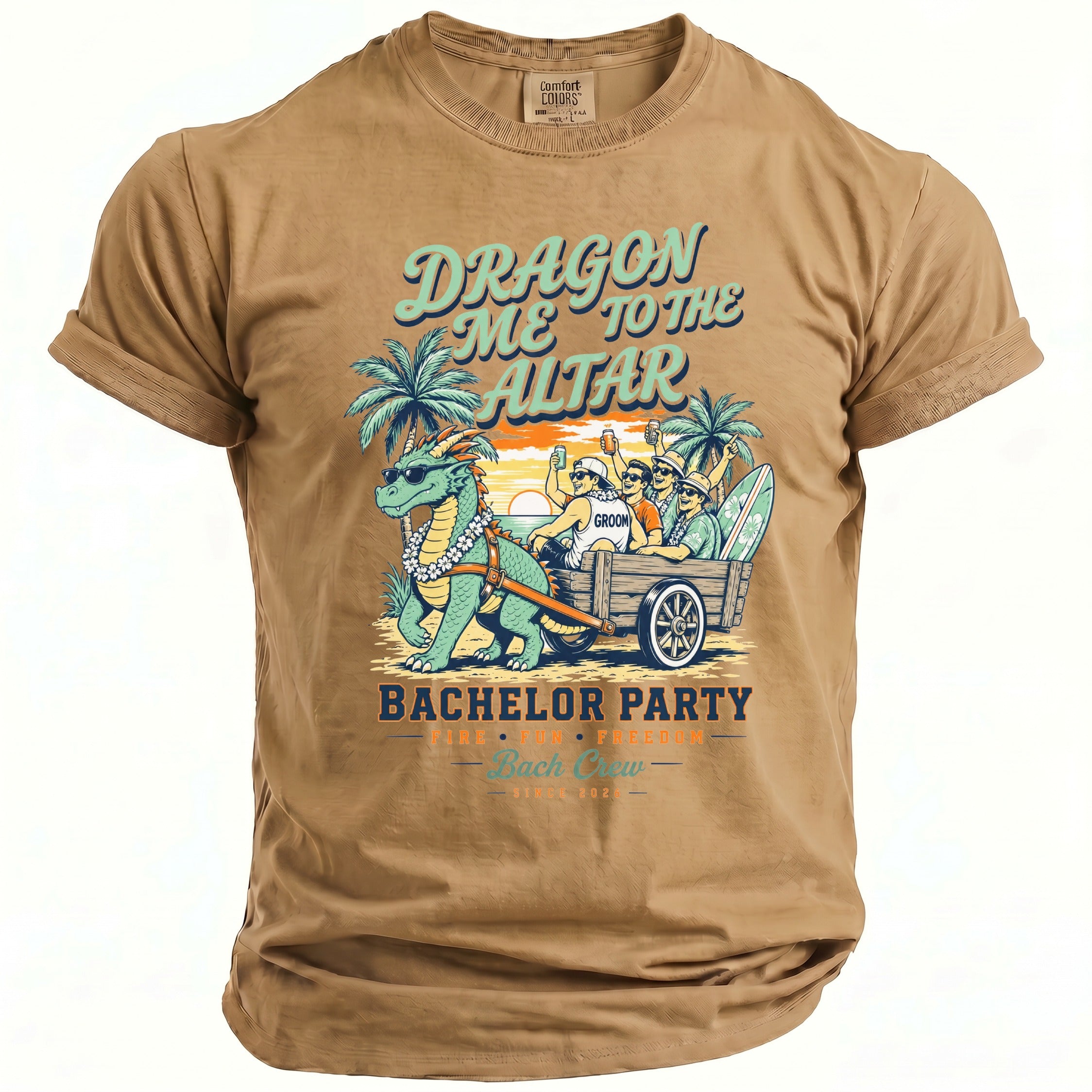 Tan Comfort Colors t-shirt with "DRAGON ME TO THE ALTAR BACHELOR PARTY" graphic.