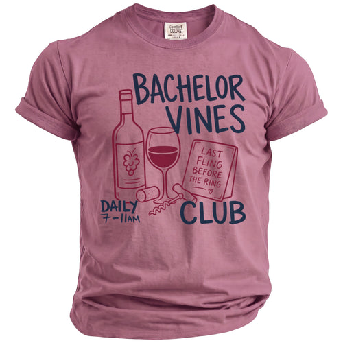 Rose t-shirt with "Bachelor Vines Club" text and wine graphics.