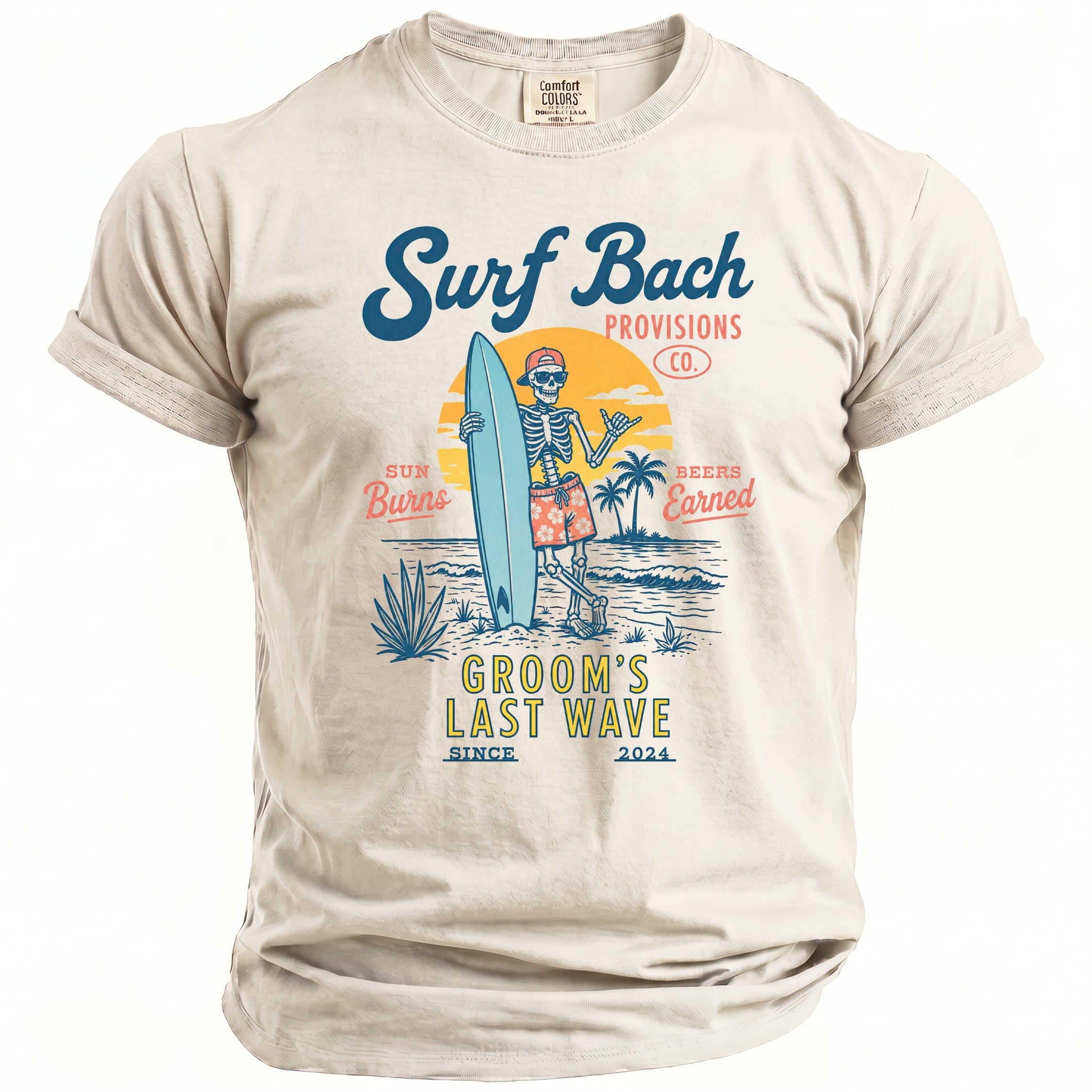 Skeleton surfer with surfboard and "Groom's Last Wave" text on a tan shirt.